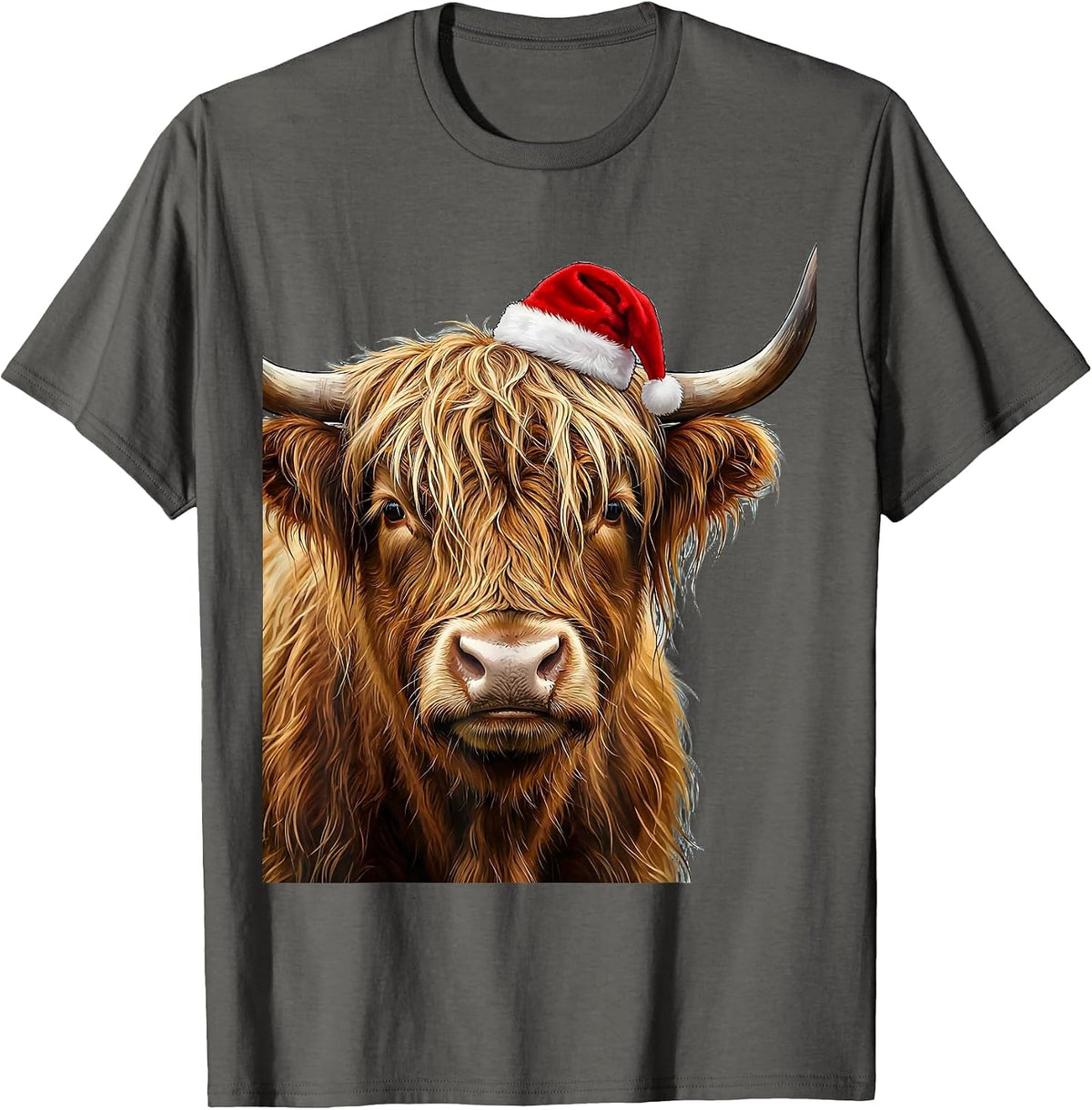 Men's Shaggy Highland Cow Santa Hat Whimsical Festive Humor T-Shirt - Asphalt Grey