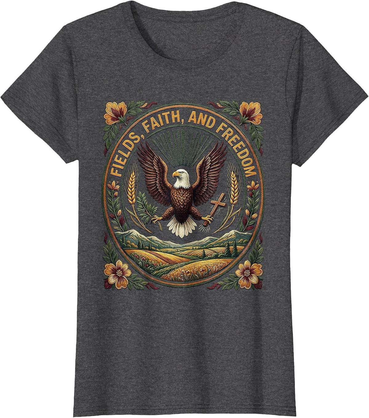 Women's Fields Faith and Freedom Patriotic Country Design T-Shirt - Dark Heather Grey