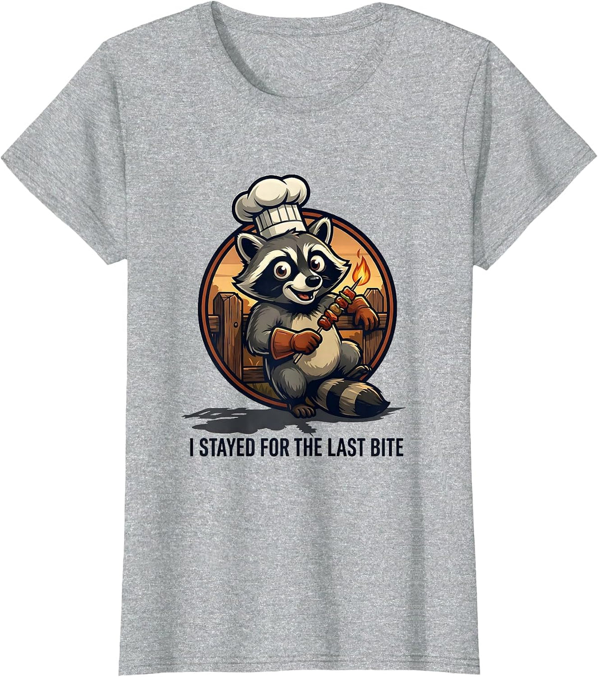 I Stayed For The Last Bite Retro Chef Raccoon BBQ Humor T-Shirt - Heather Grey