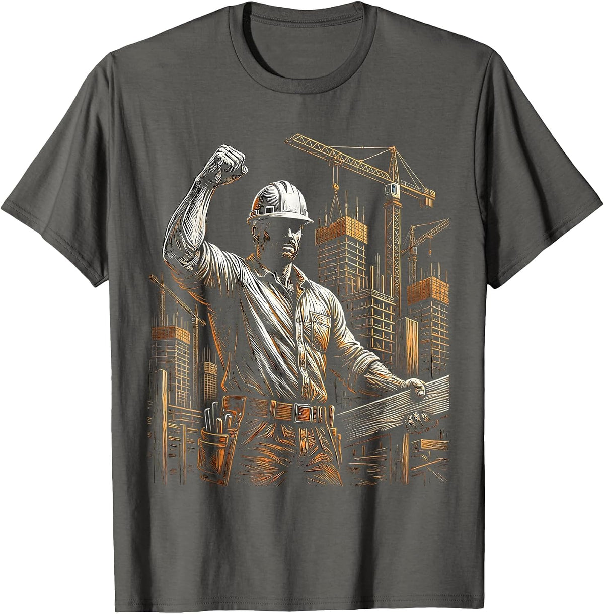 Labor Day Construction Worker City Skyline T-Shirt - Asphalt Grey