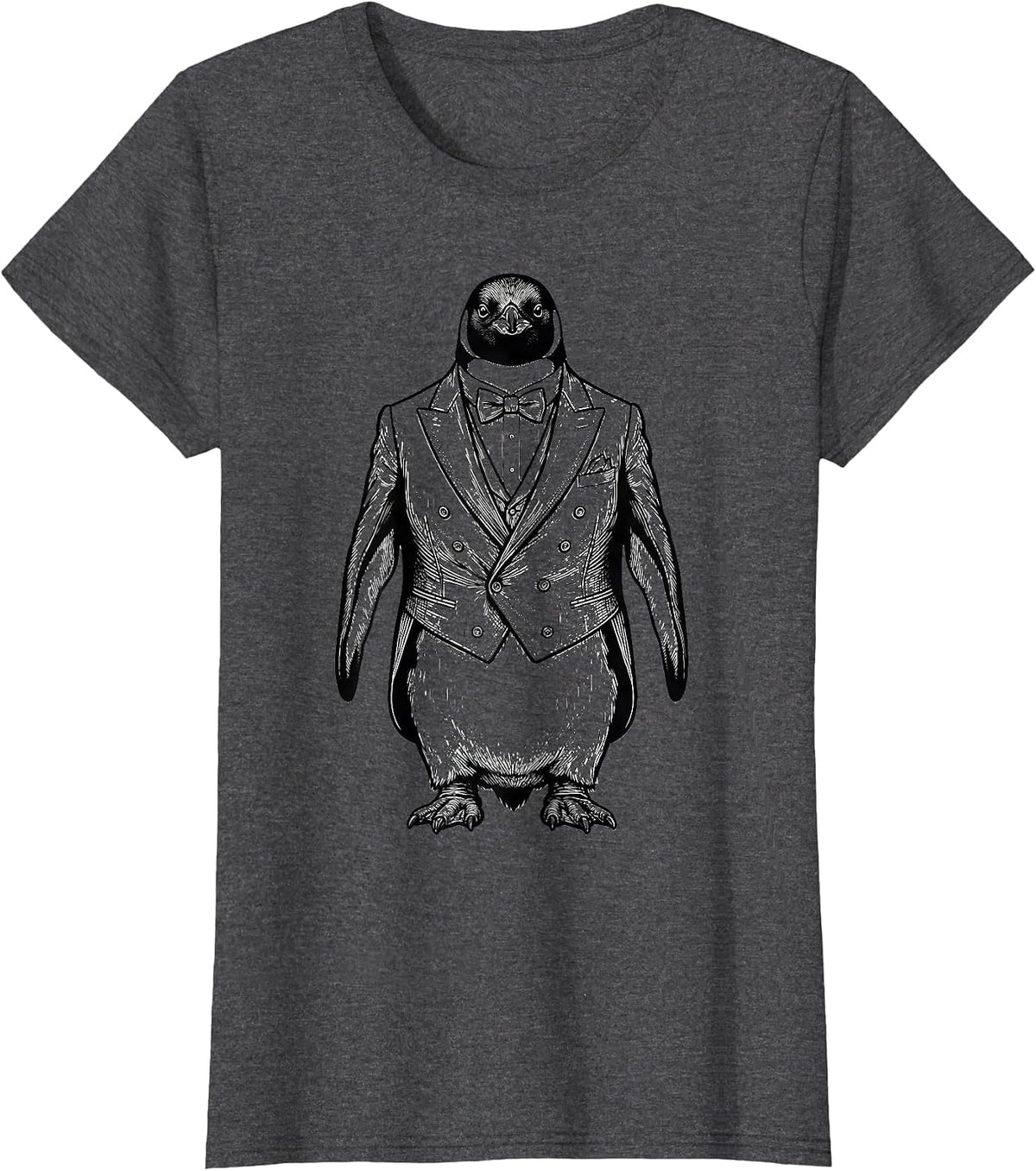 Women's Dapper Penguin in Elegant Black Tuxedo T-Shirt - Dark Heather Grey