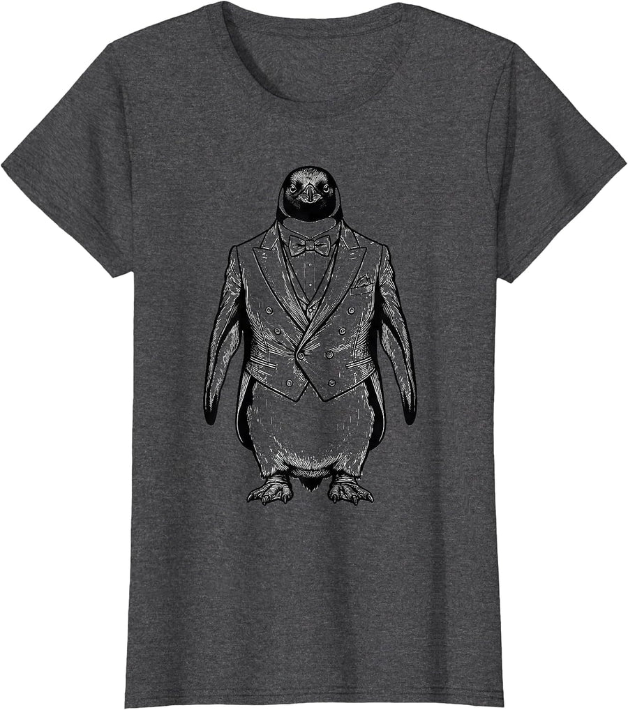 Women's Dapper Penguin in Elegant Black Tuxedo T-Shirt - Dark Heather Grey