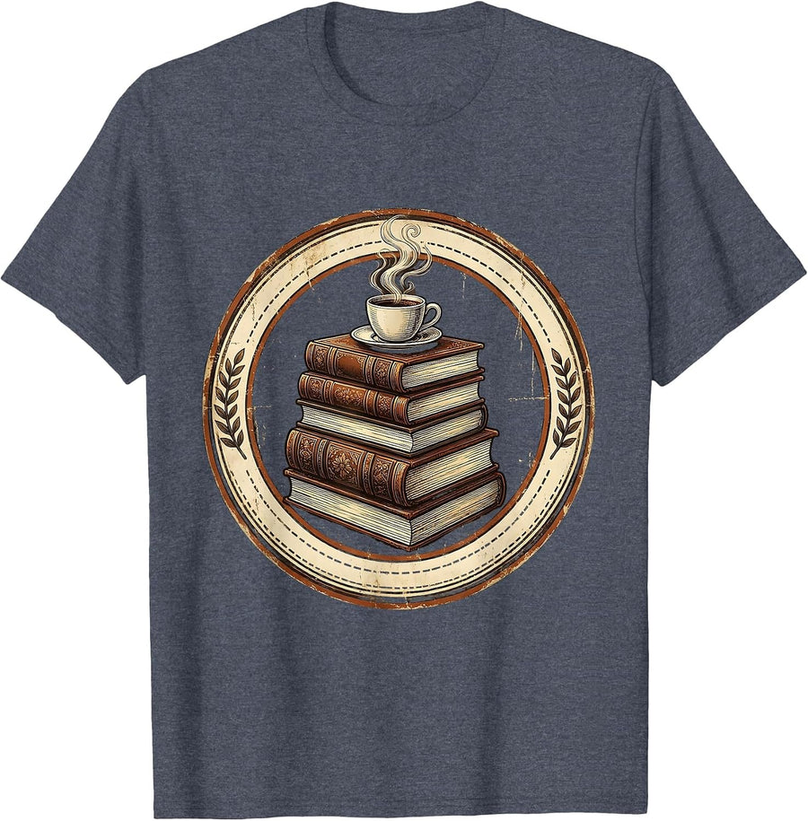 English Teacher Classic Novels and Coffee Illustration T-Shirt - Heather Blue