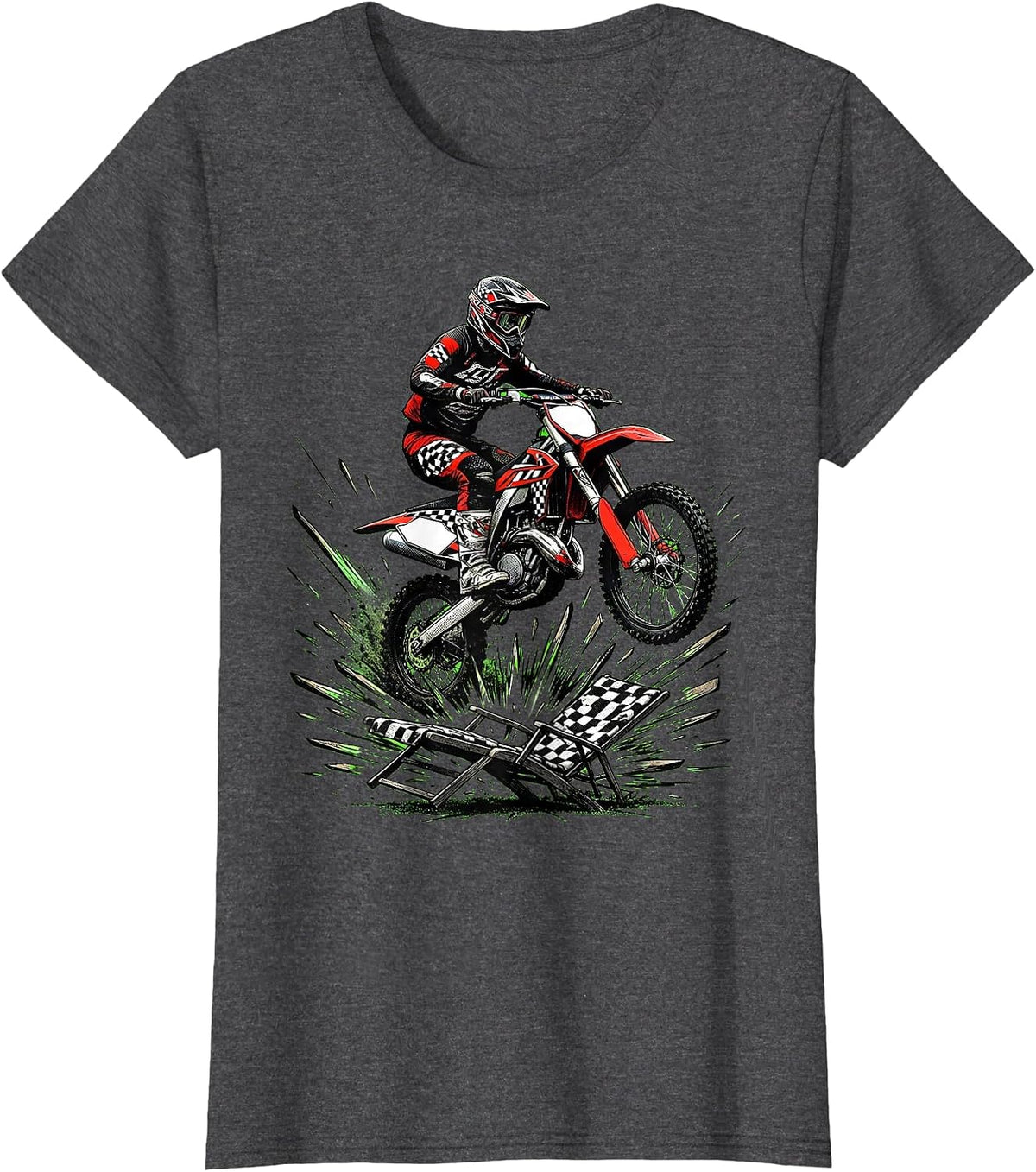 Women's Motocross Rider Helmeted Bike Over Lounge Chair Humor T-Shirt - Dark Heather Grey