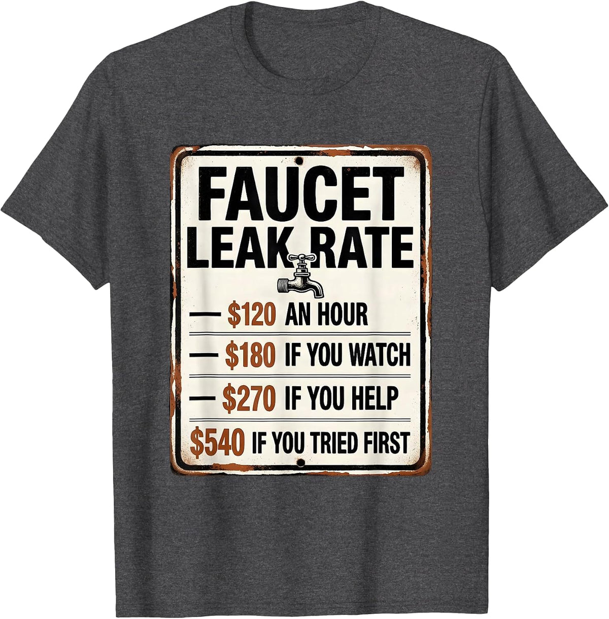 Faucet Leak Rate Funny Plumber Hourly Rate Gift T-Shirt - Dark Heather Grey
