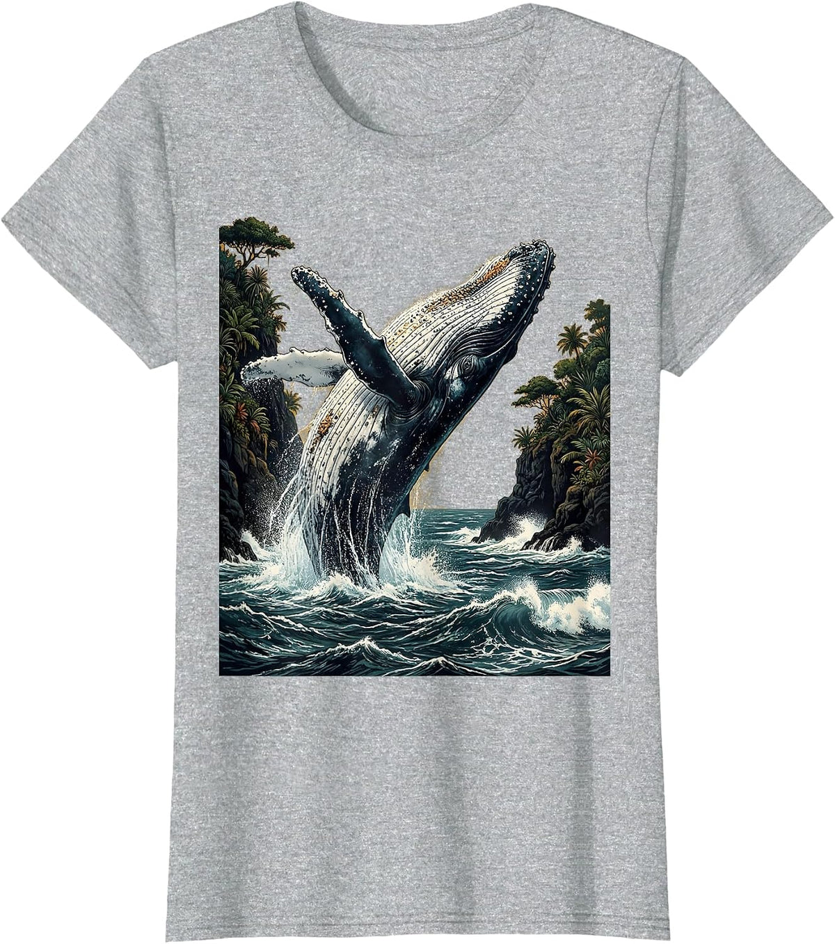 Aloha Whale Breaching Volcanic Island Cliffs T-Shirt - Heather Grey