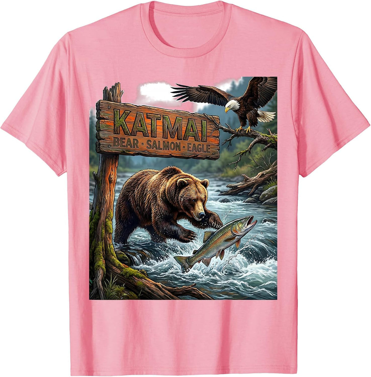 Men's Katmai — Bear, Salmon, Eagle Alaska Wildlife Souvenir State T-Shirt - Pink