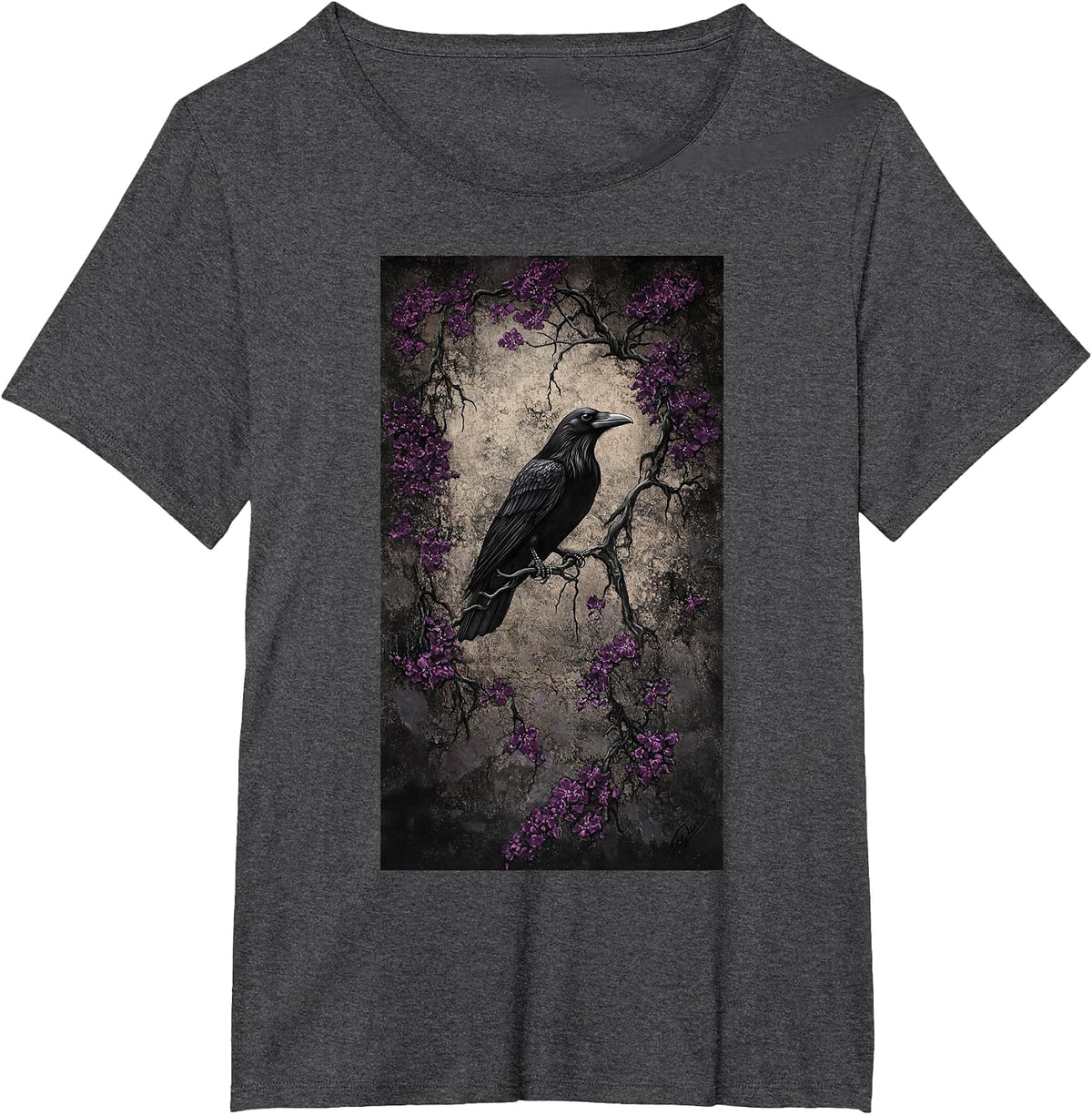 Gothic Raven Blackbird Gothic Art Floral Nature T-Shirt - Dark Heather Grey