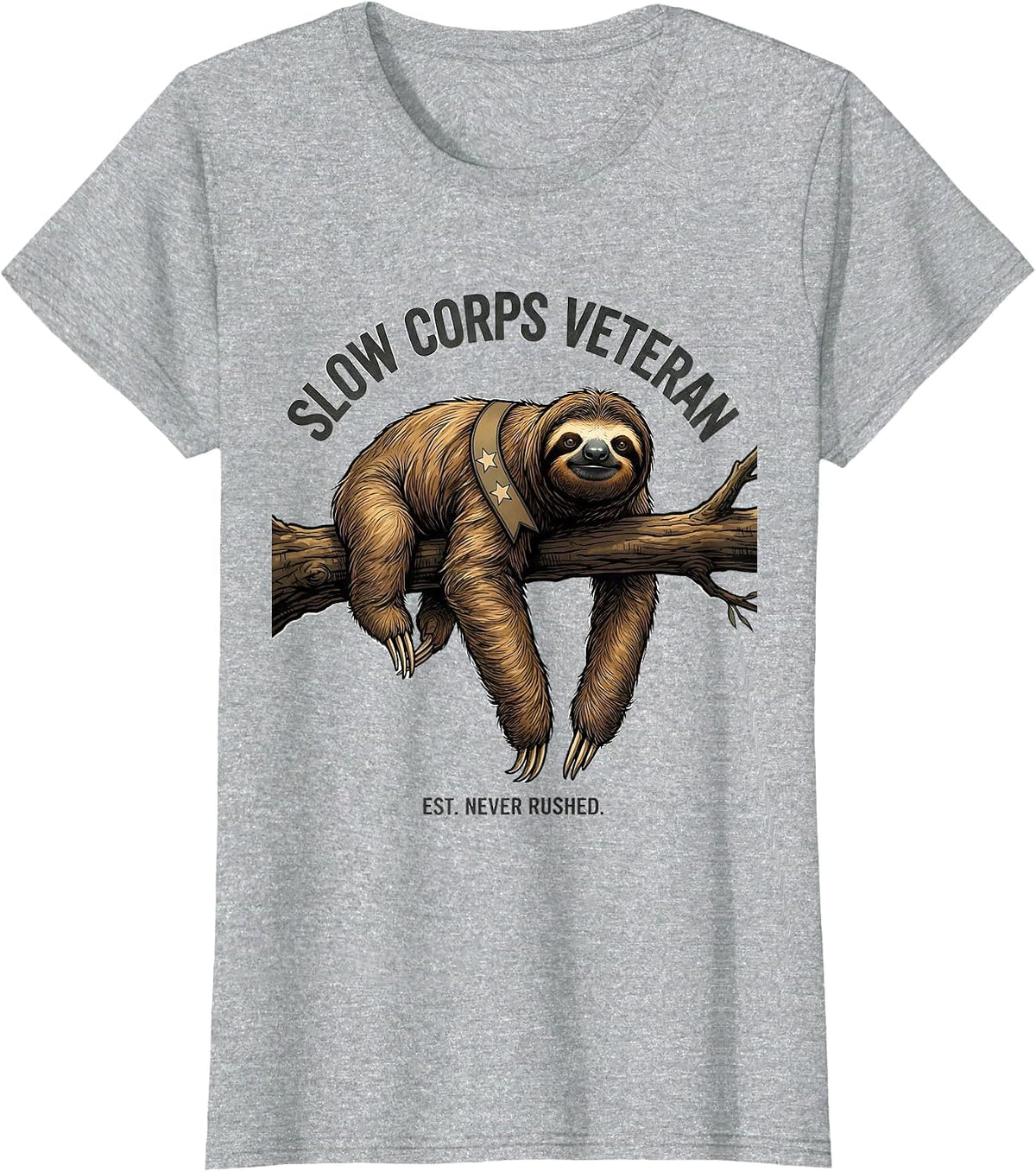 Women's Slow Corps Veteran, Est. Never Rushed Funny Sloth Lover Gift T-Shirt - Heather Grey