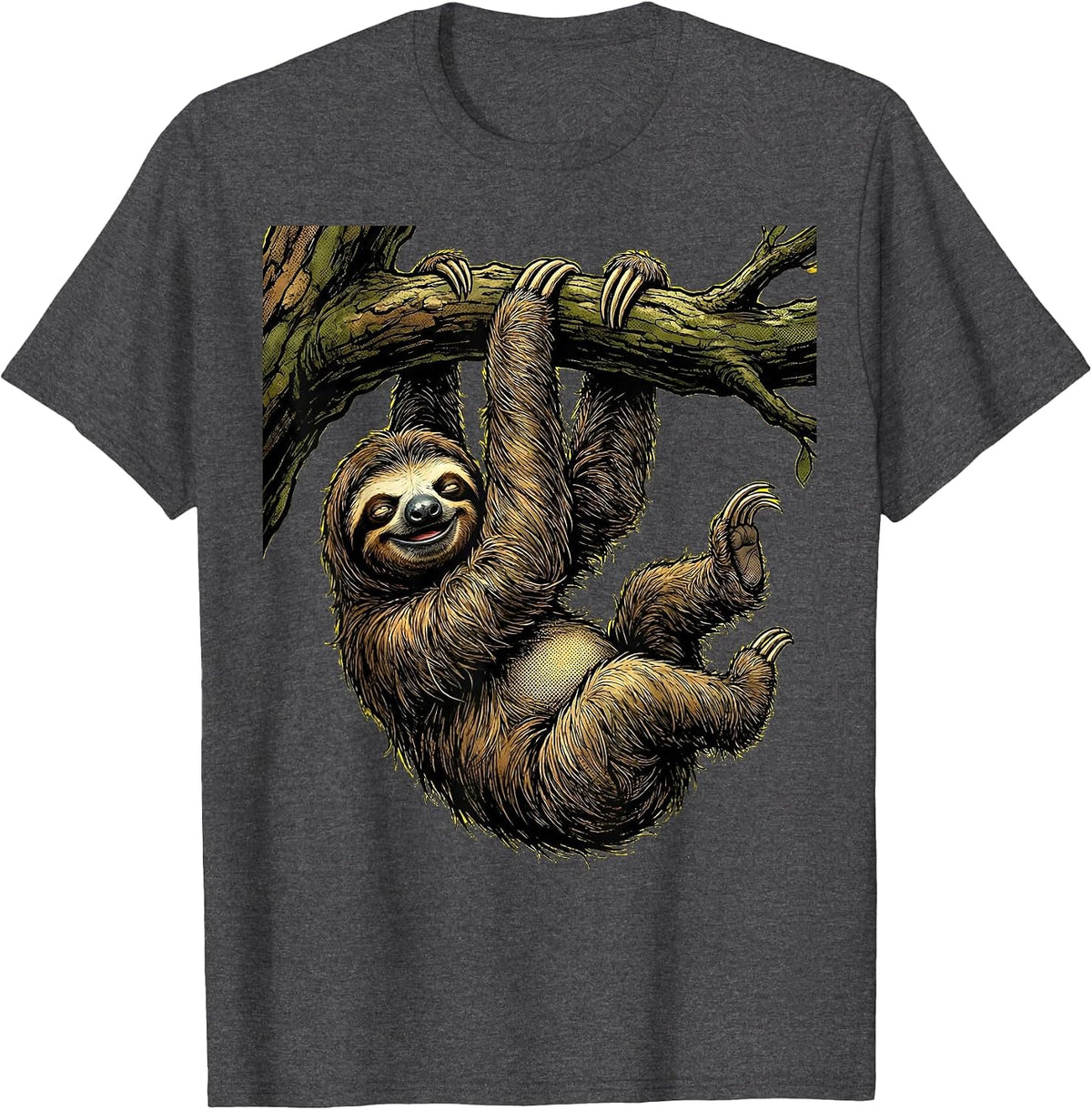 Men's Lazy Sloth Hanging From Tree Branch T-Shirt - Dark Heather Grey