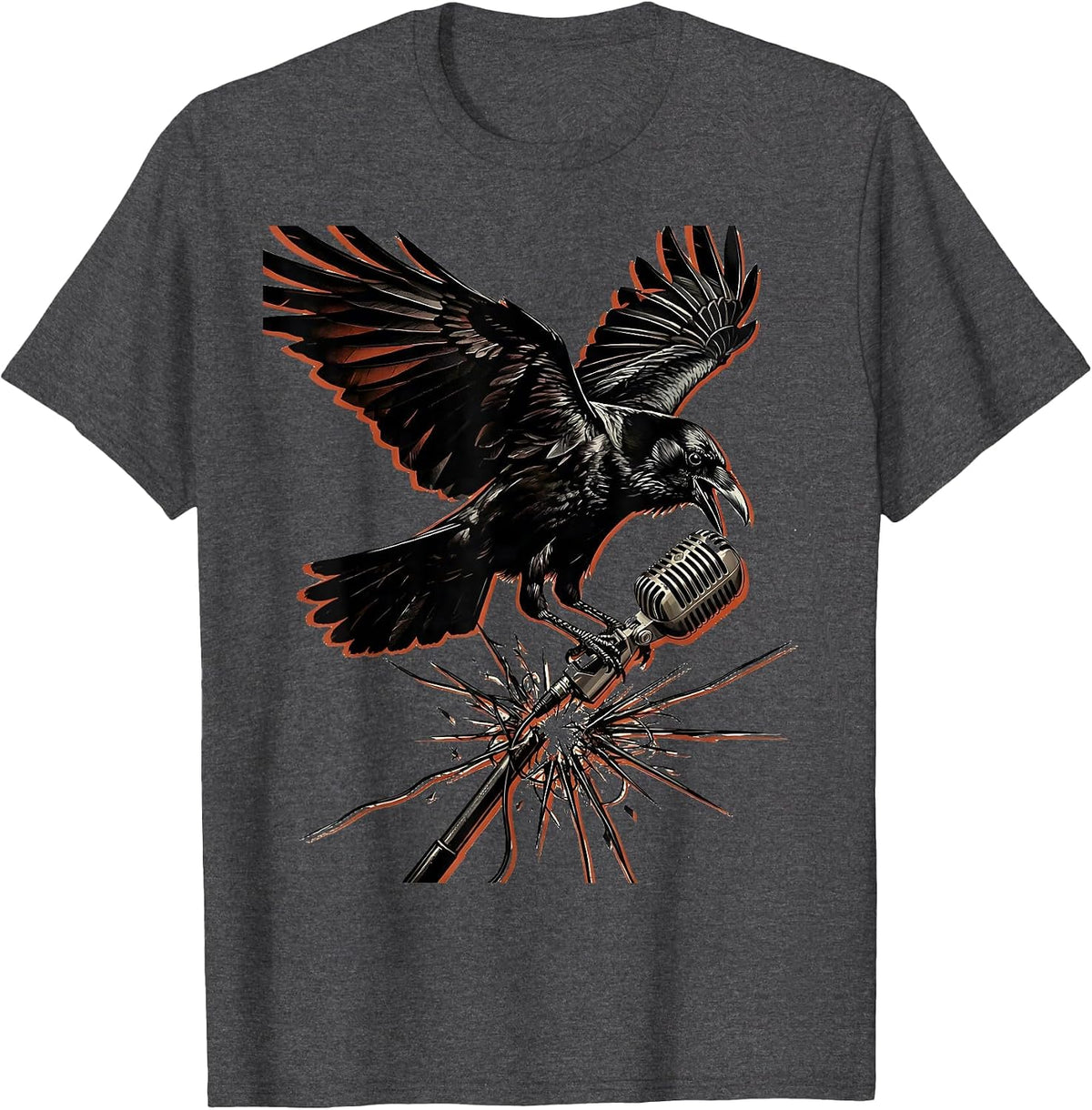 Men's Punk Crow Broken Microphone Graphic Design T-Shirt - Dark Heather Grey
