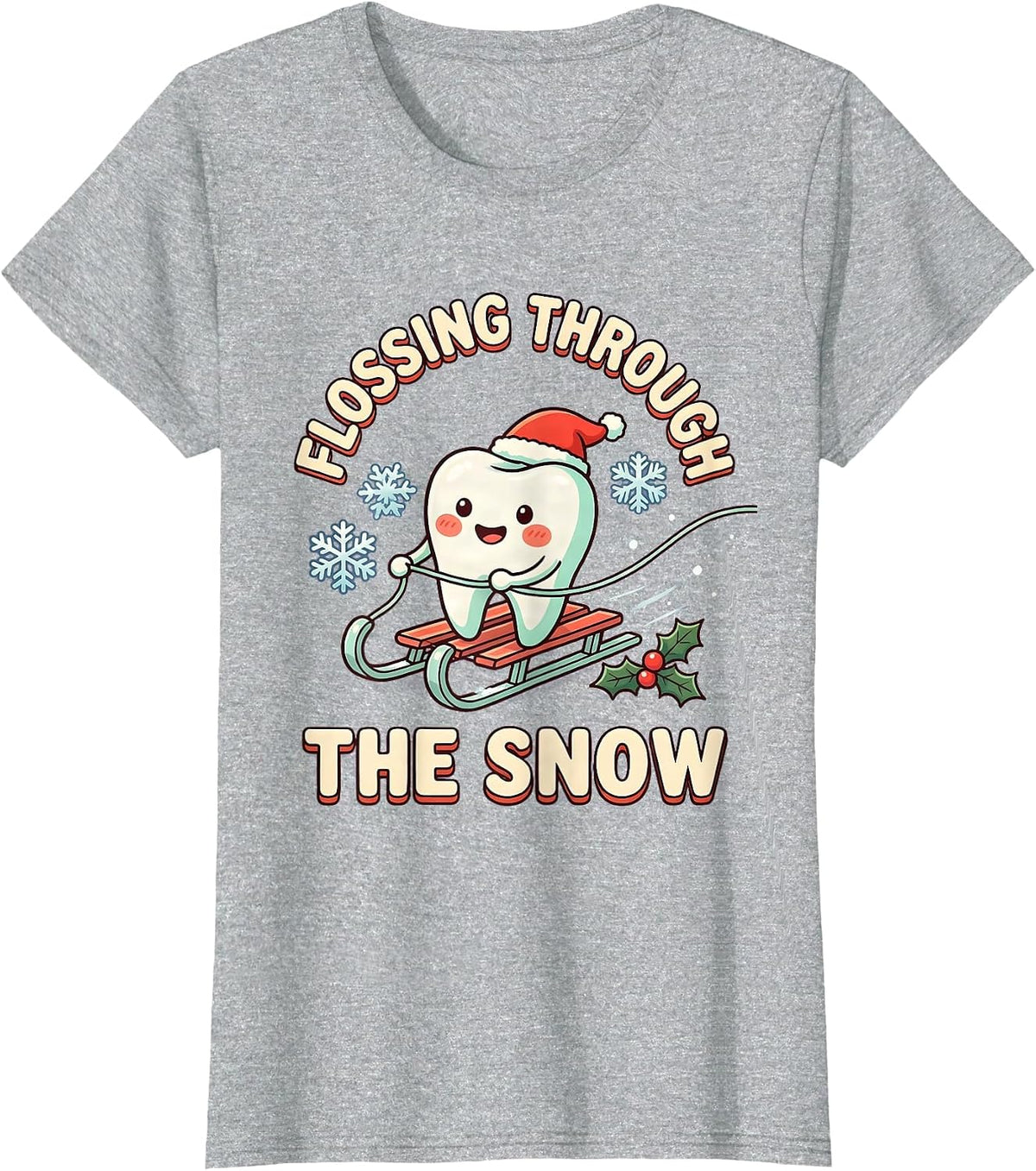 Flossing Through the Snow Cute Kawaii Dentist Christmas T-Shirt - Heather Grey
