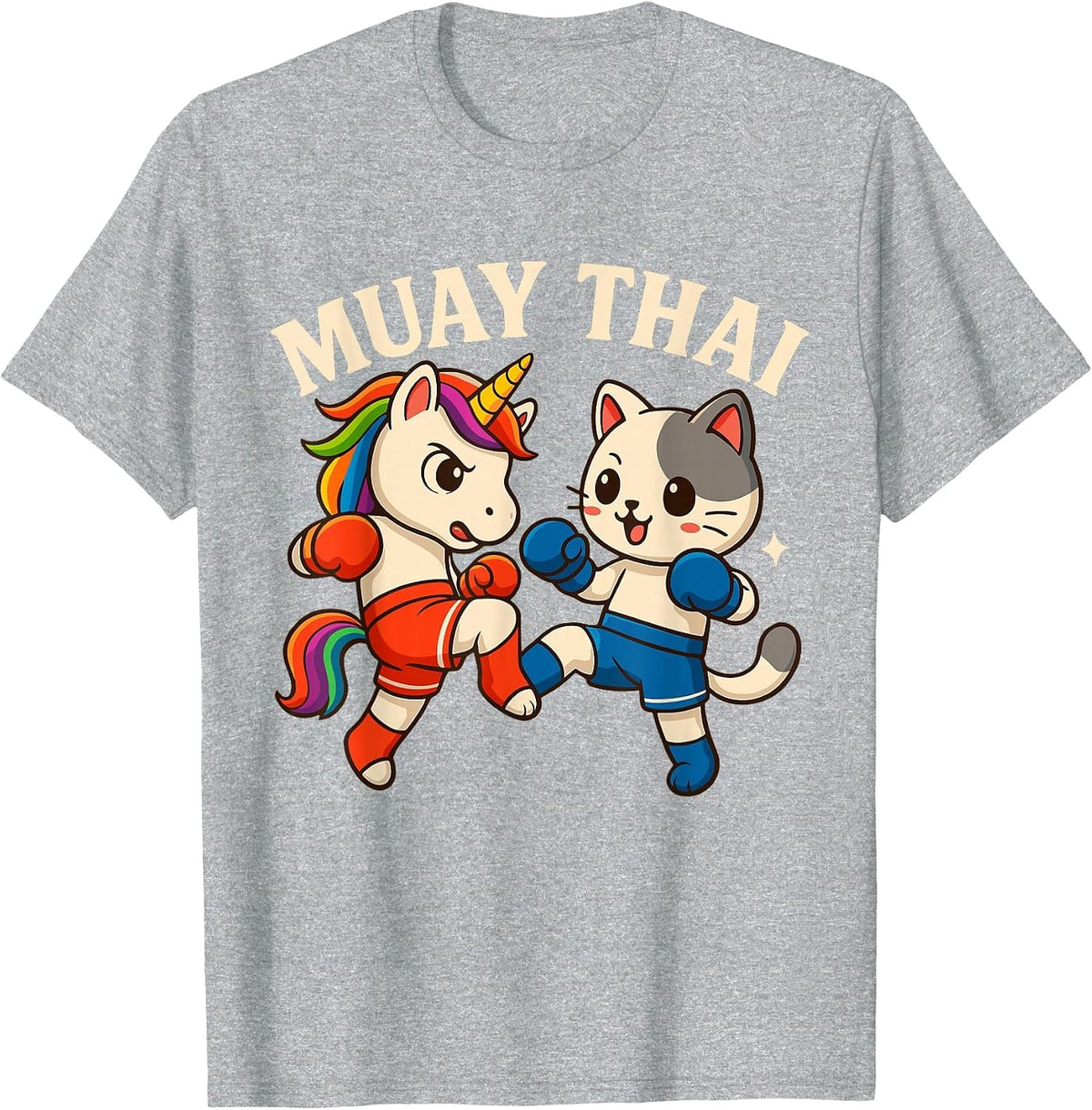 Muay Thai Unicorn Vs Cat Boxing Match for Kids T-Shirt - Heather Grey