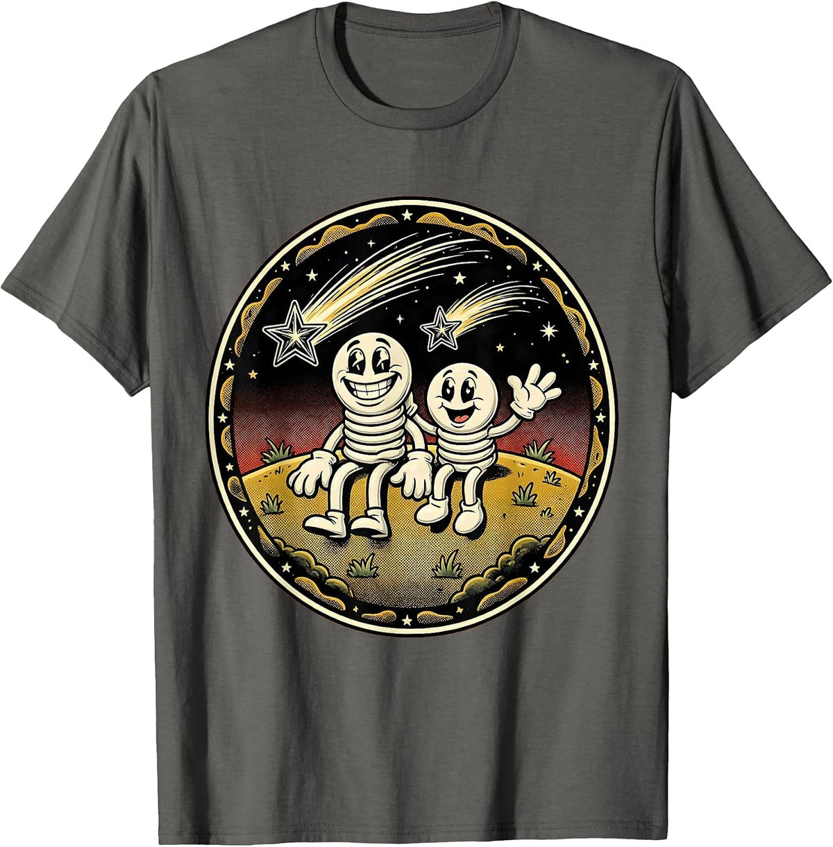 Couple Watching Shooting Stars Hilltop Meadow T-Shirt - Asphalt Grey