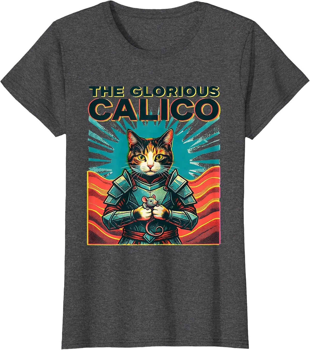 Women's The Glorious Calico Risograph Anime Cat Warrior Art Funny T-Shirt - Dark Heather Grey