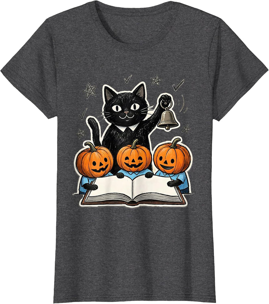 Women's Black Cat Teacher Halloween Costume Naive Kidcore Preschool T-Shirt - Dark Heather Grey