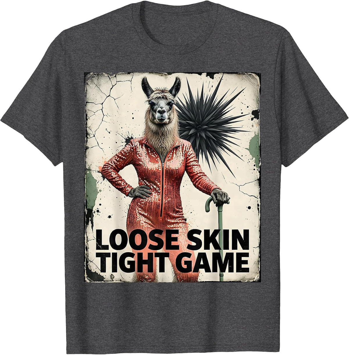 Men's Loose Skin Tight Game Distressed Funny Elderly Llama Meme T-Shirt - Dark Heather Grey