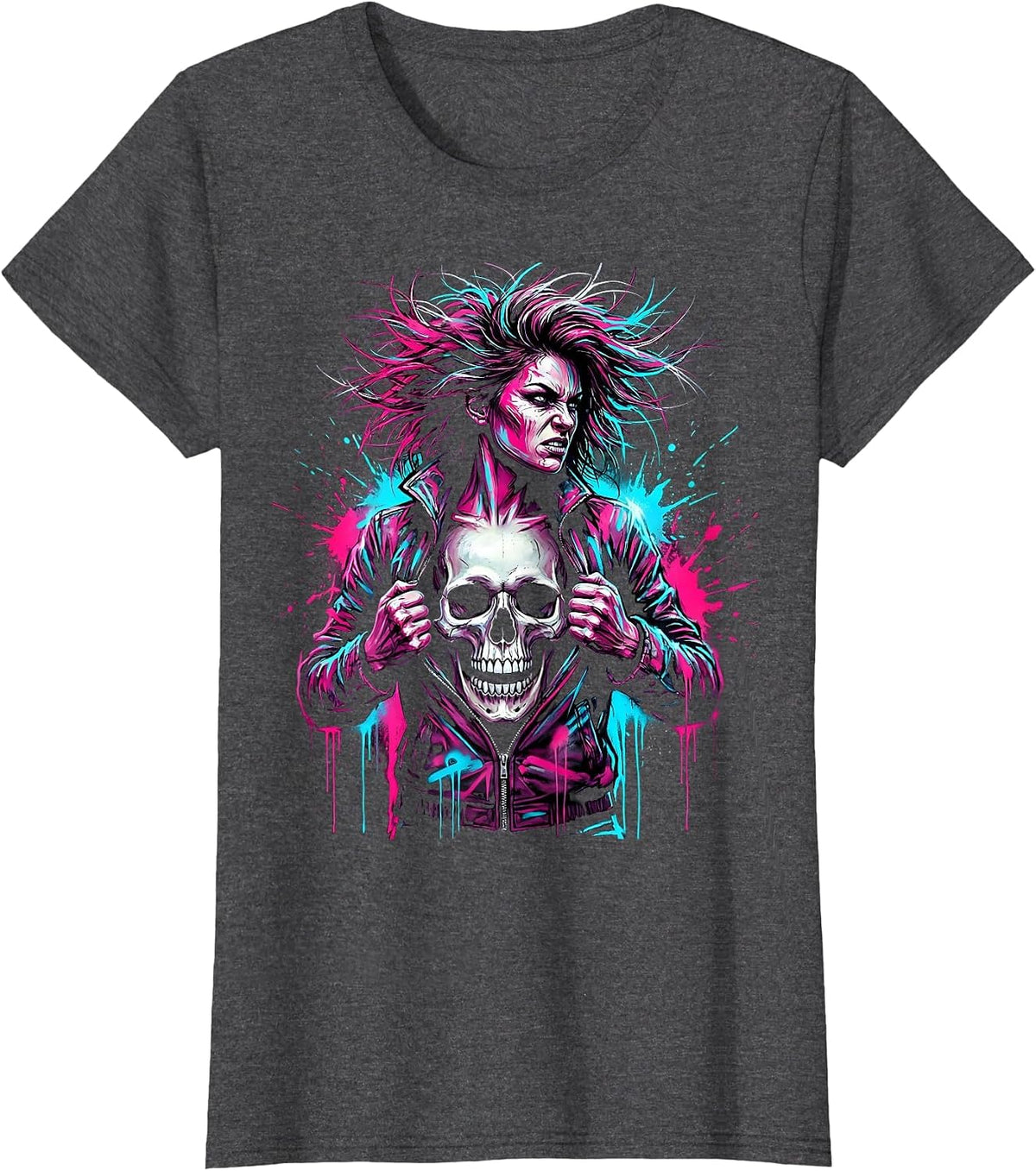 Women's Fierce Skull Reveal Rock Graphic Tee T-Shirt - Dark Heather Grey