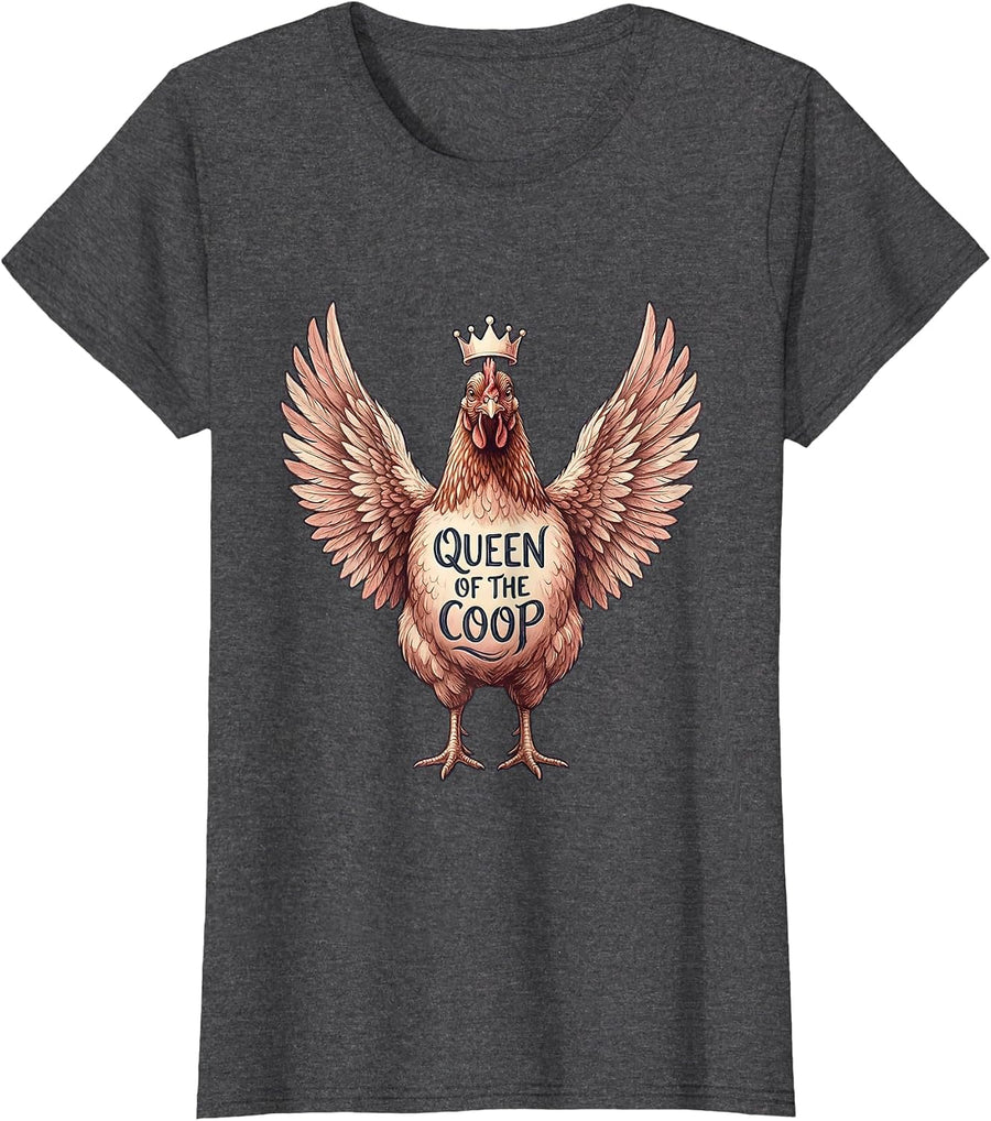 Women's Queen of the Coop Chicken Design T-Shirt - Dark Heather Grey