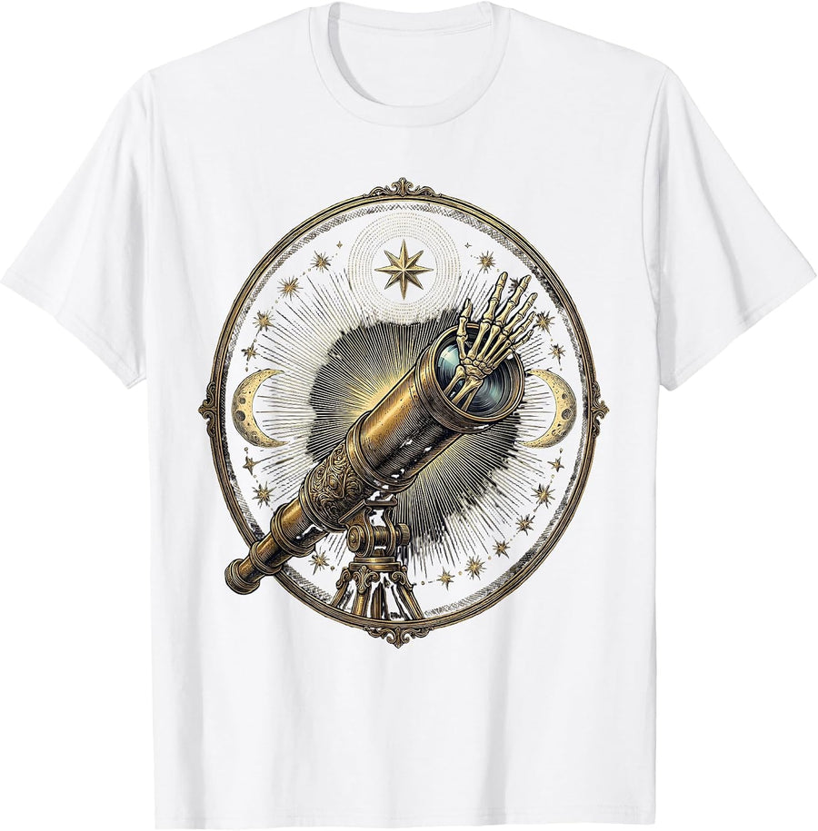 Men's Hand Reaching Through Telescope Toward Distant Star T-Shirt - White