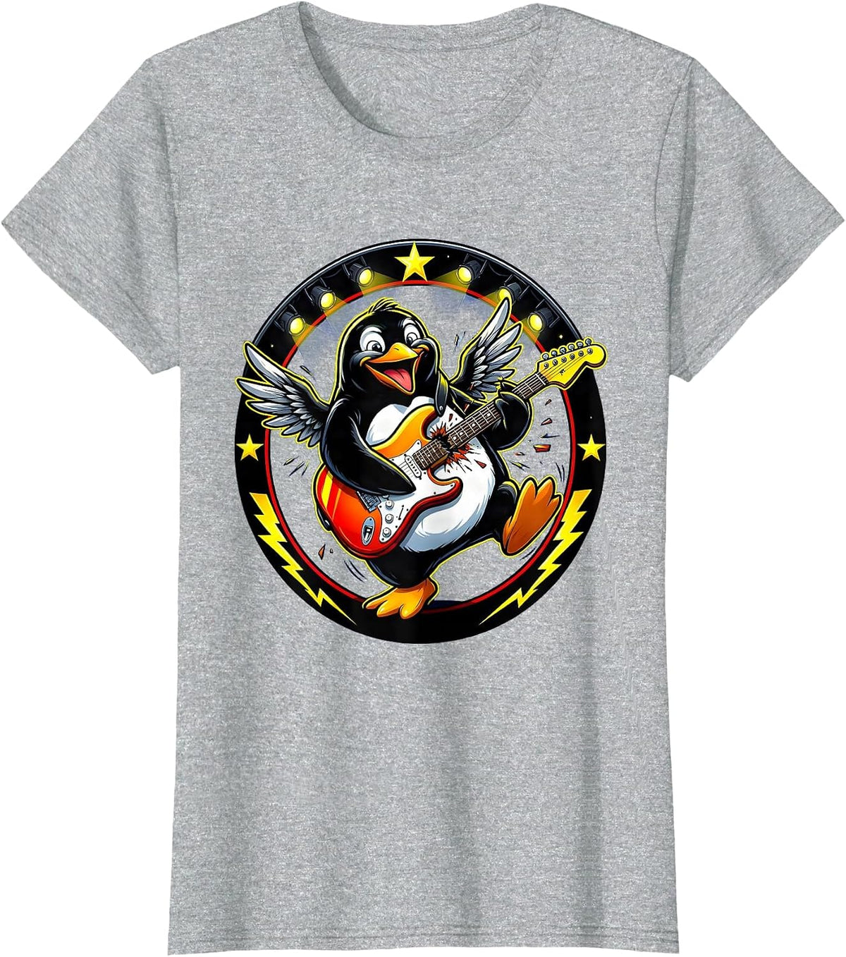 Women's Penguin Rock Star Electric Guitar Stage Design T-Shirt - Heather Grey