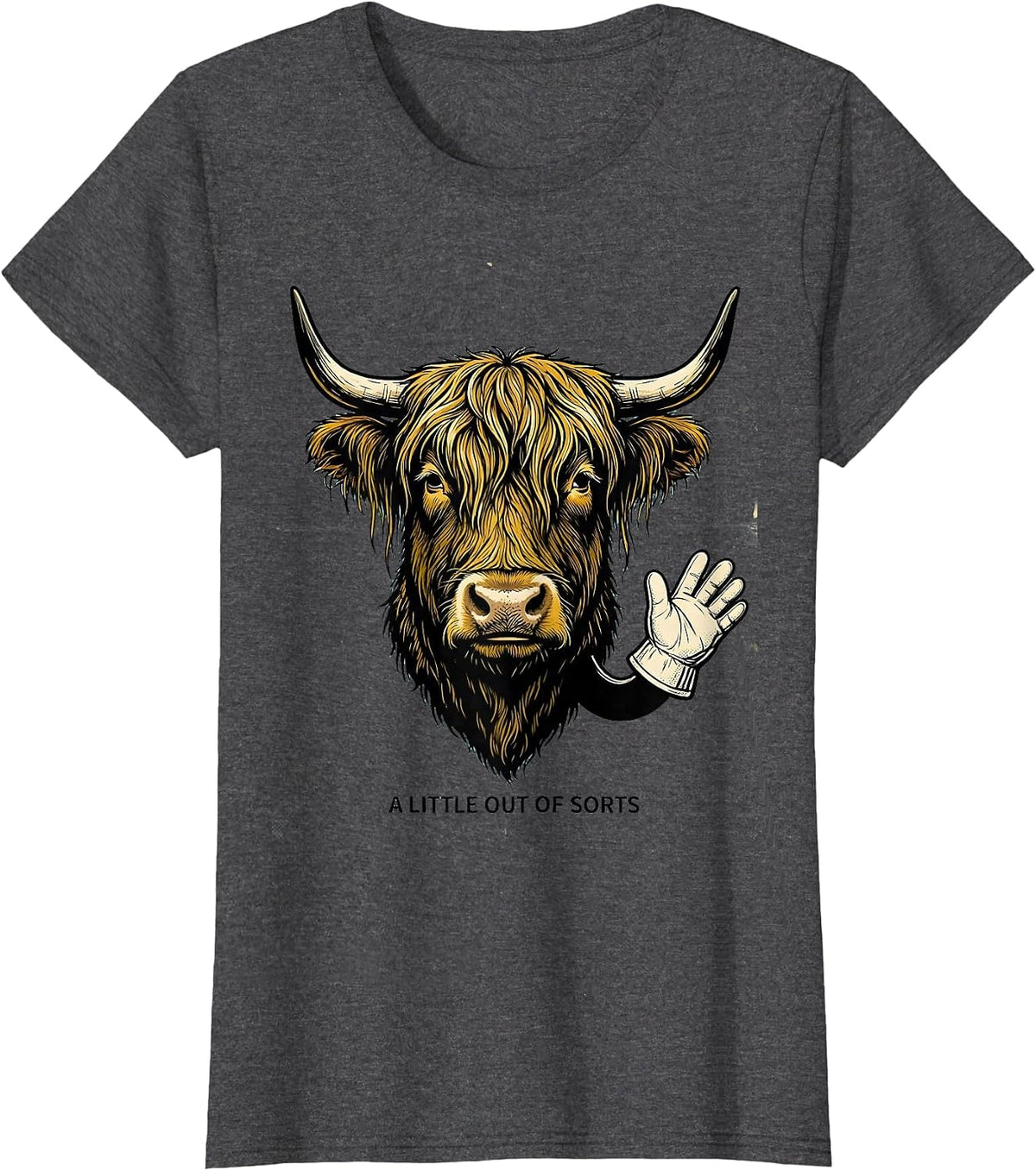 Women's A Little Out Of Sorts Retro Cartoon Highland Cow Funny T-Shirt - Dark Heather Grey