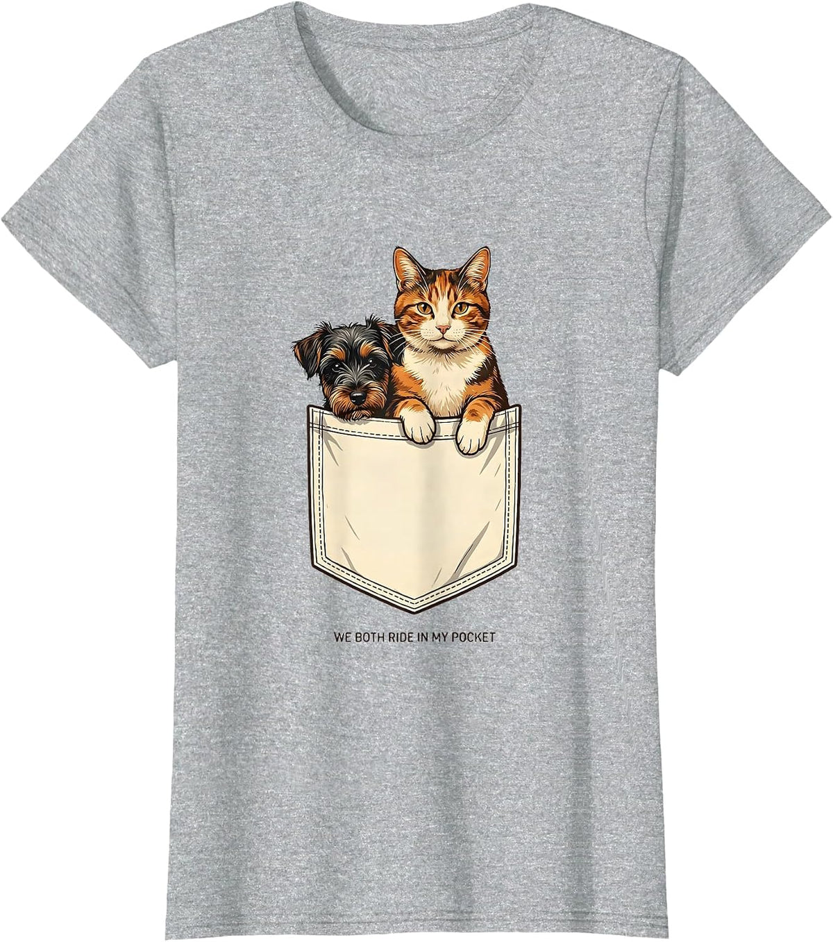 Women's We Both Ride In My Pocket Playful Cat And Dog Pet Lover Gift T-Shirt - Heather Grey