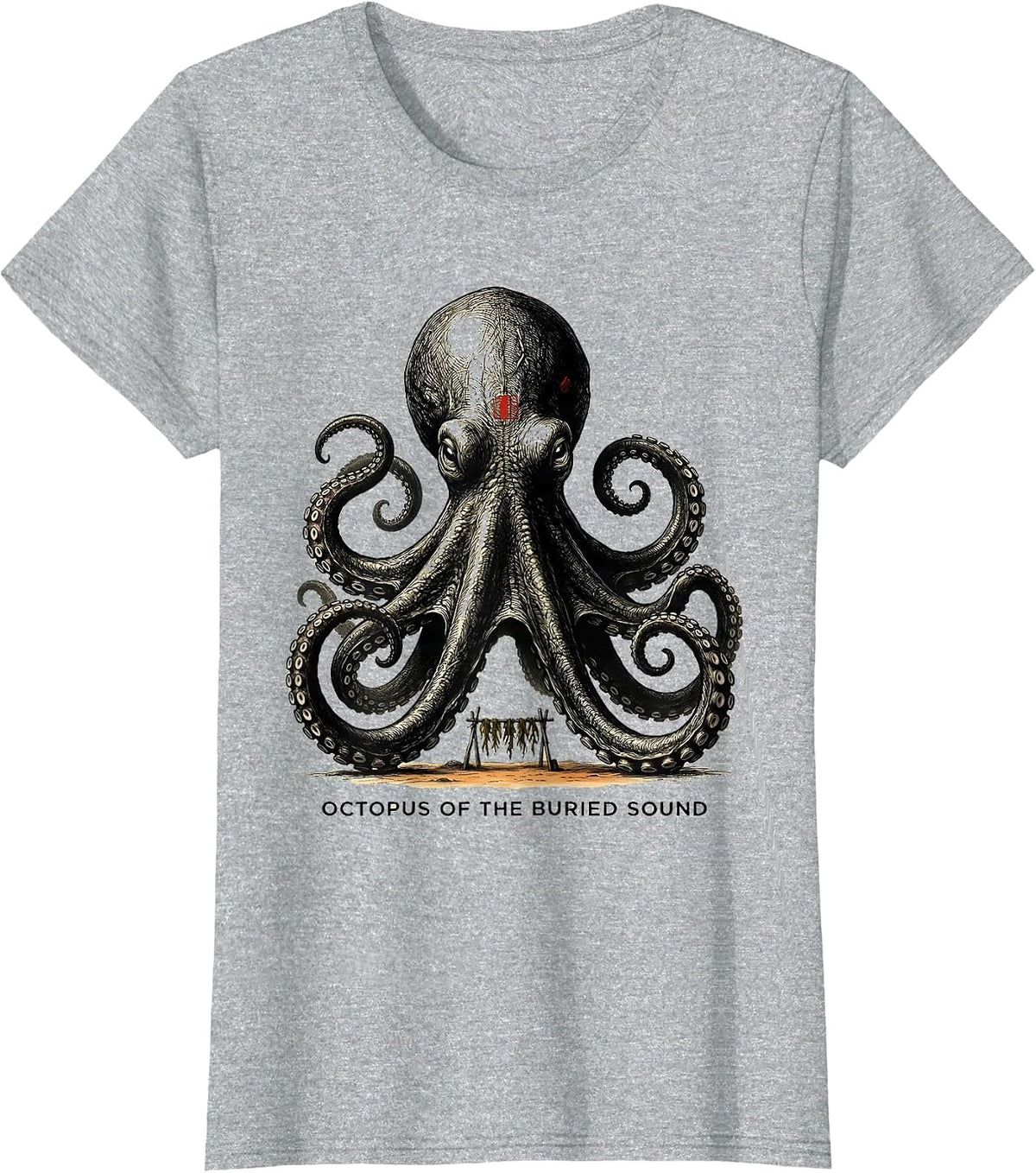Women's Octopus of the Buried Sound Monochromatic Japanese Aesthetic T-Shirt - Heather Grey