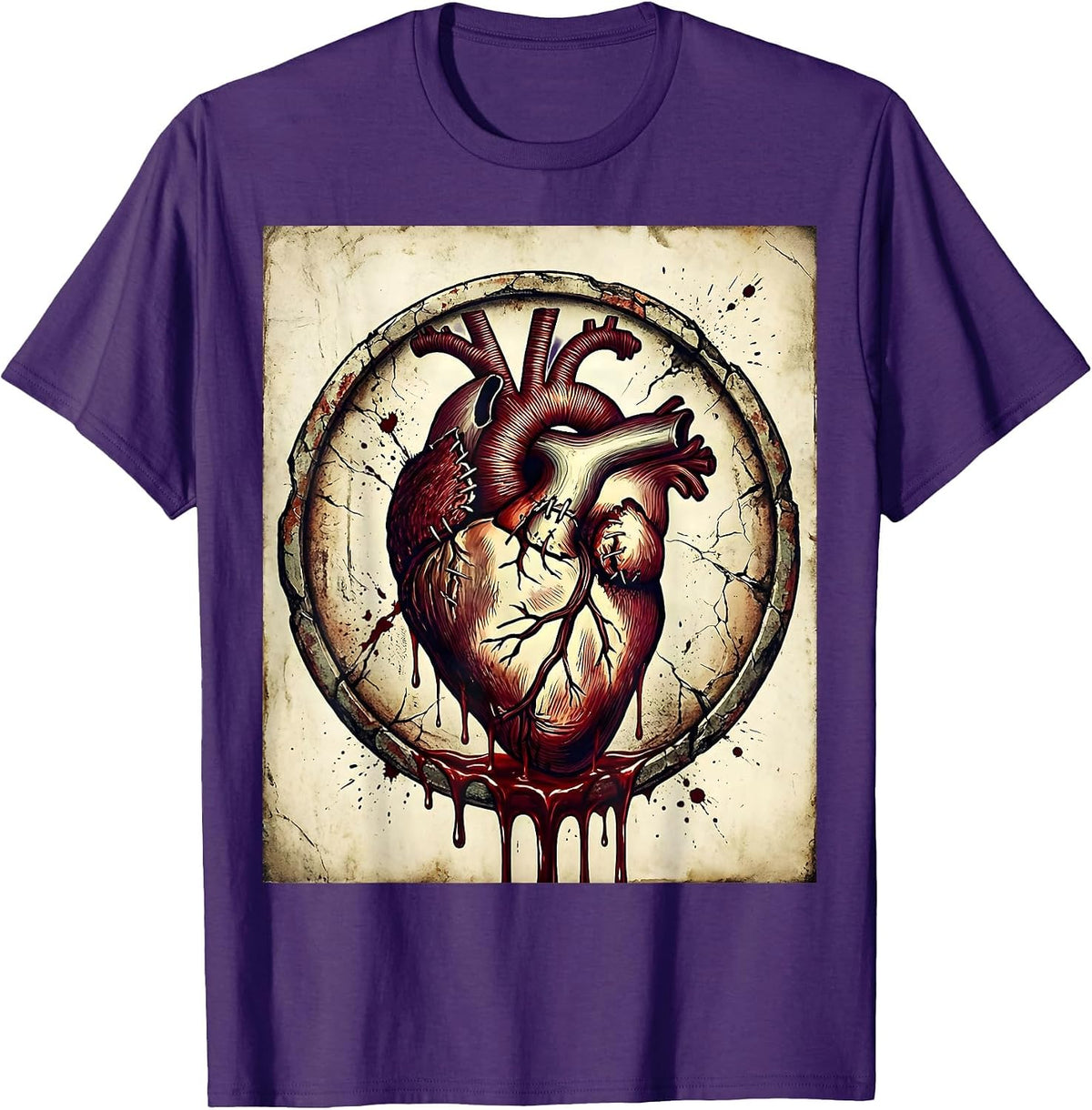 Men's Dripping Heart Torn Stitches Bloody Gothic Design T-Shirt - Purple