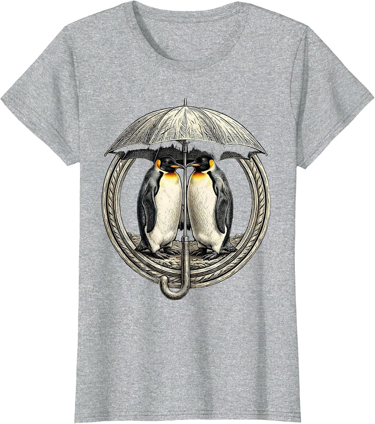 Two Penguins Sharing an Umbrella Cute Animal Art T-Shirt - Heather Grey