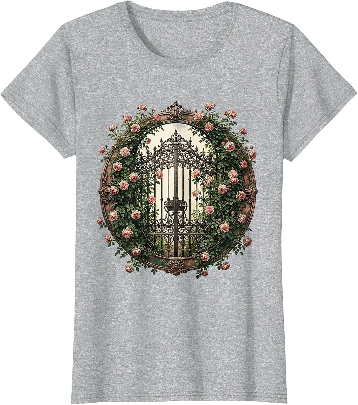 Overgrown Garden Gate Climbing Roses Illustration T-Shirt - Heather Grey