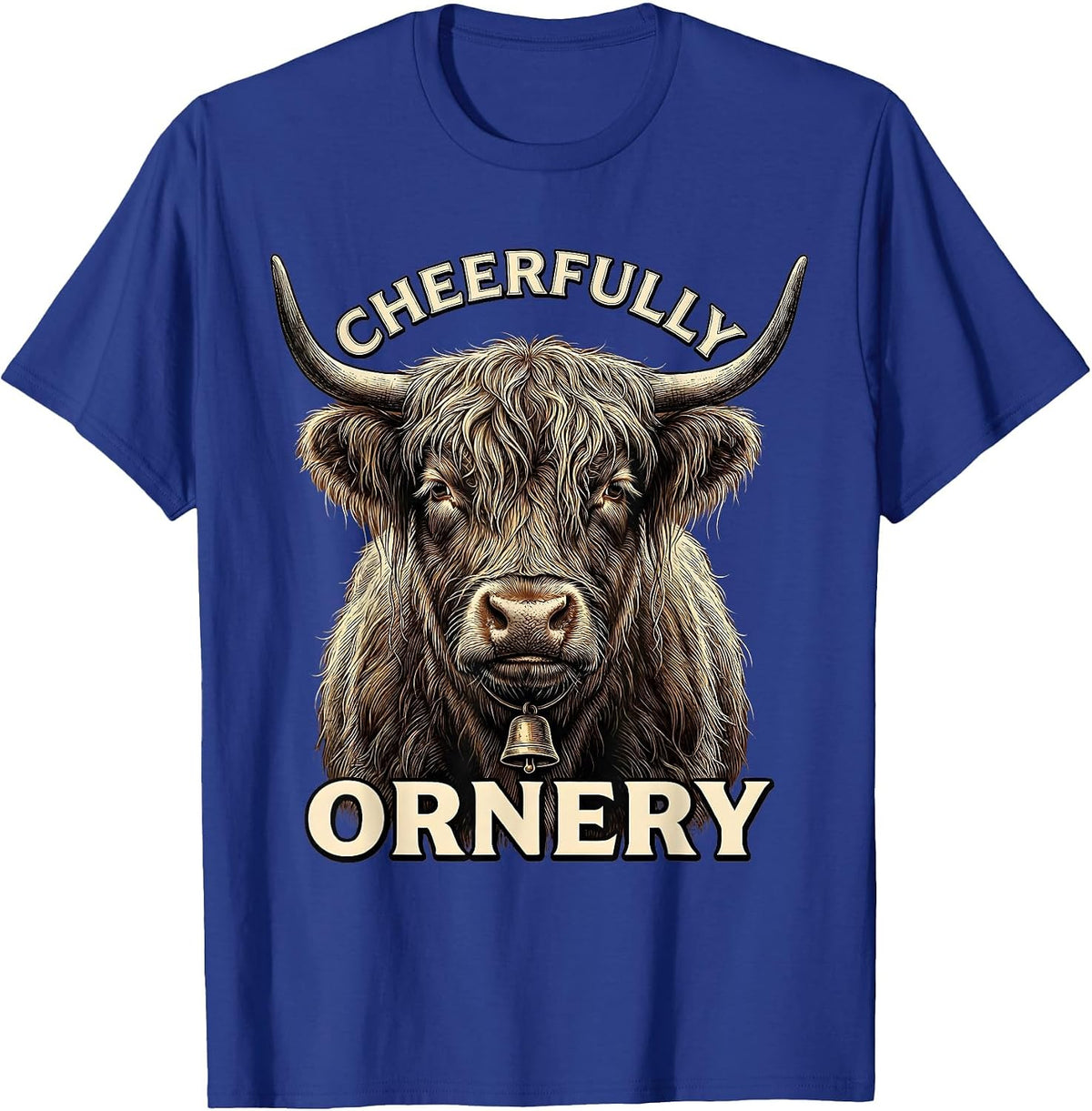 Cheerfully Ornery Crosshatch Highland Cow Funny Cute Animal T-Shirt - Royal Blue