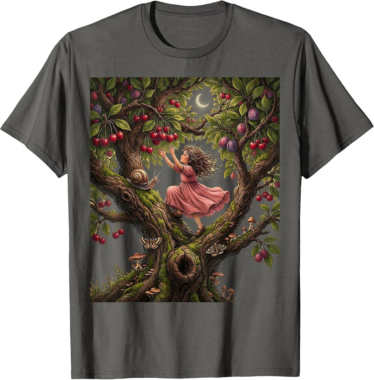 Girl Climbing Tree Ripe Fruit Illustration T-Shirt - Asphalt Grey