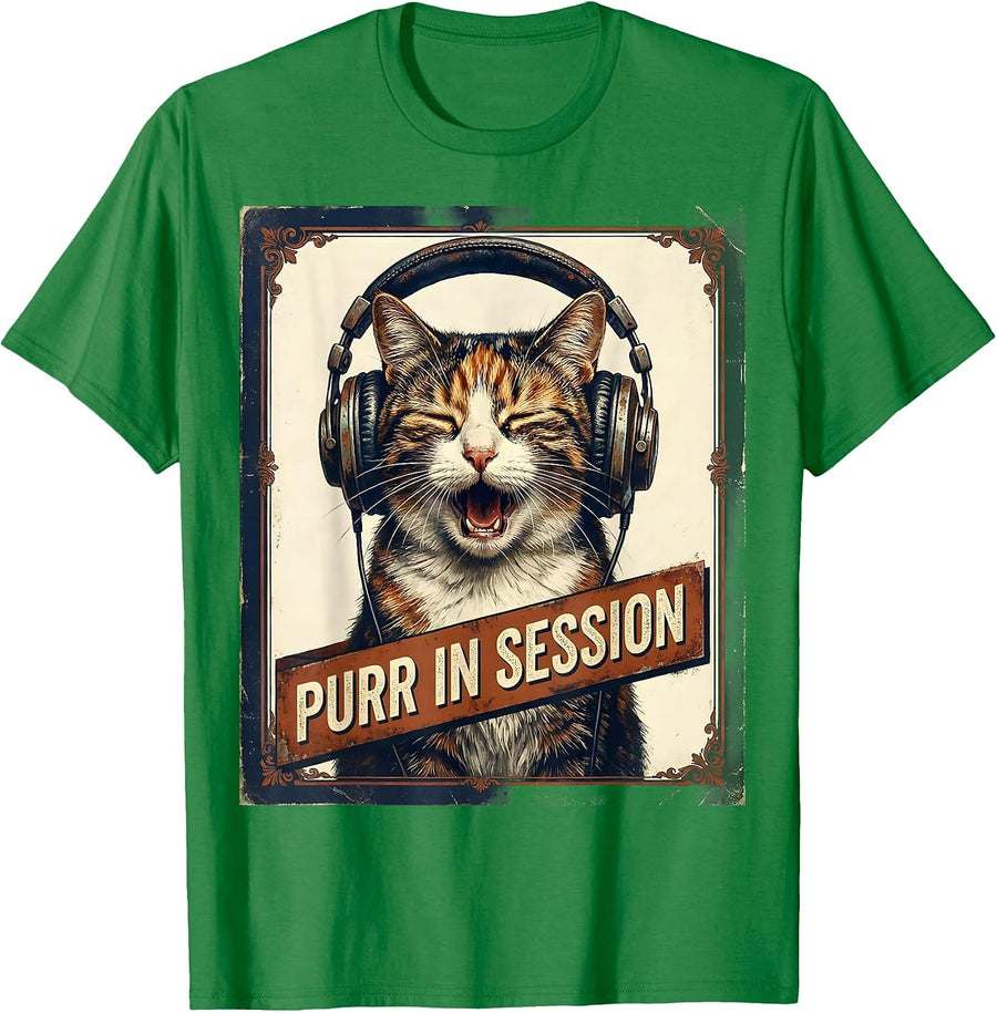 Men's Purr In Session Vintage Funny Cat DJ Music Lover Gift T-Shirt - Kelly Green