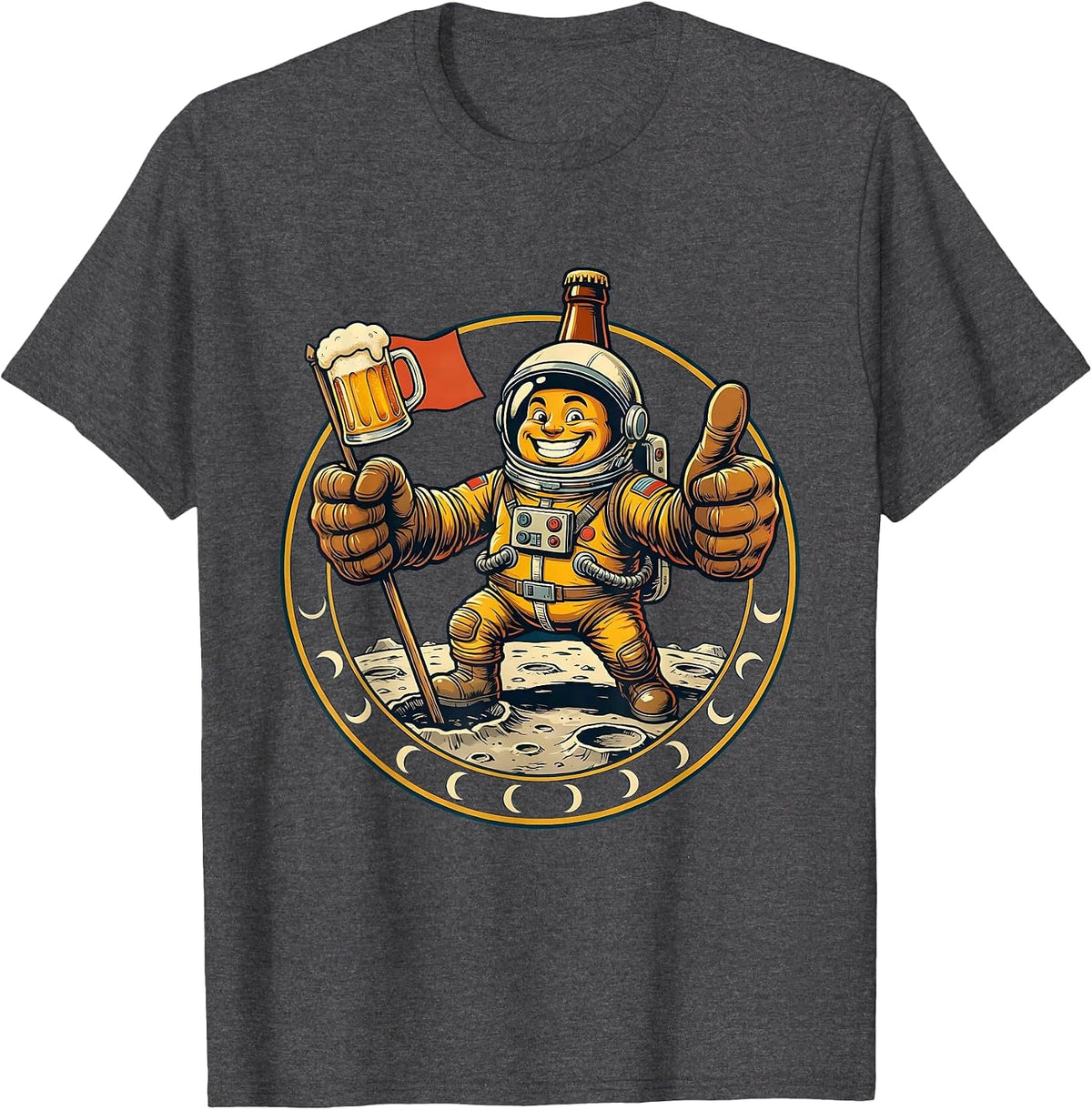 Astronaut Beer Flag Moon Landing Graphic T-Shirt - Dark Heather Grey