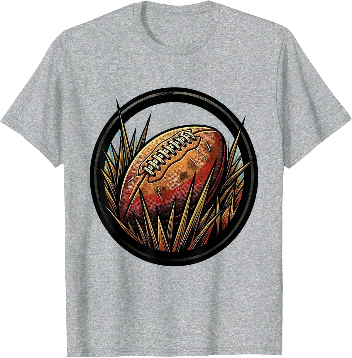 Men's Worn Leather Rugby Ball in Grass Illustration T-Shirt - Heather Grey