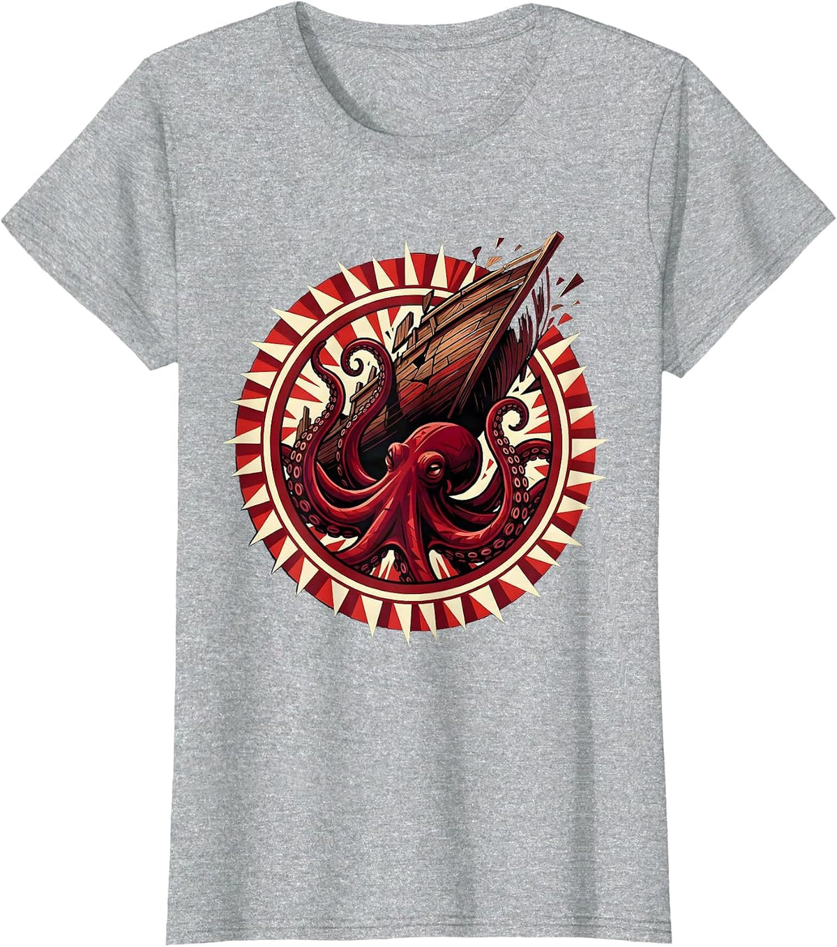 Giant Octopus Attacking Ship Anime Graphic T-Shirt - Heather Grey