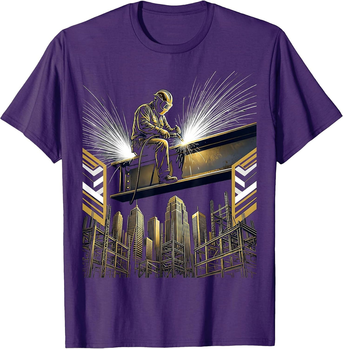 Iron Worker Welding Atop Steel Beam Skyline T-Shirt - Purple