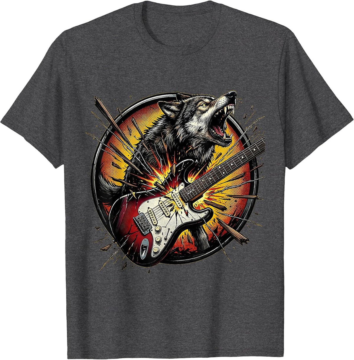 Wolf Howling Through Broken Guitar Classic Rock Art T-Shirt - Dark Heather Grey