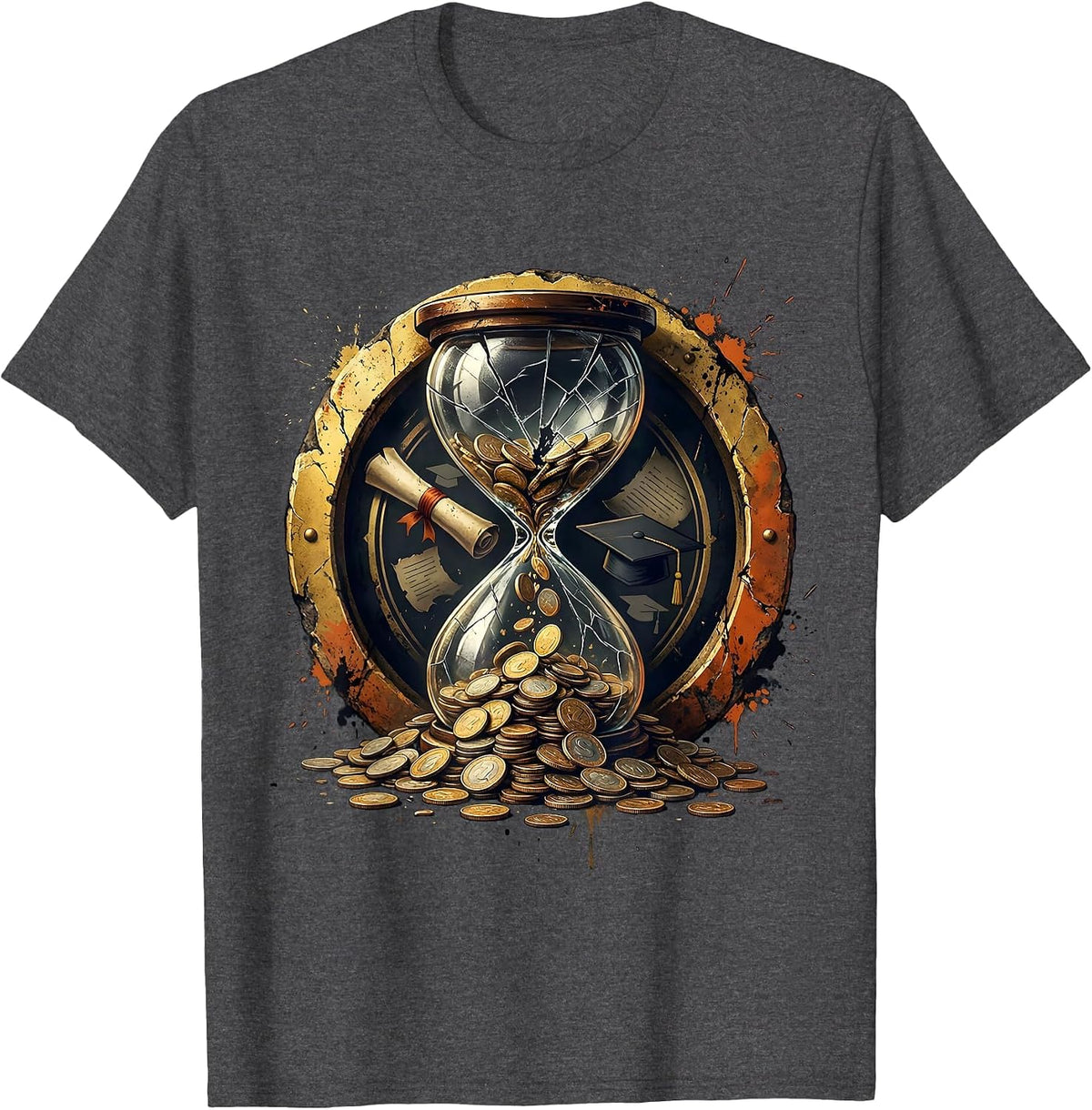 Giant Hourglass Raining Coins College Graphic T-Shirt - Dark Heather Grey