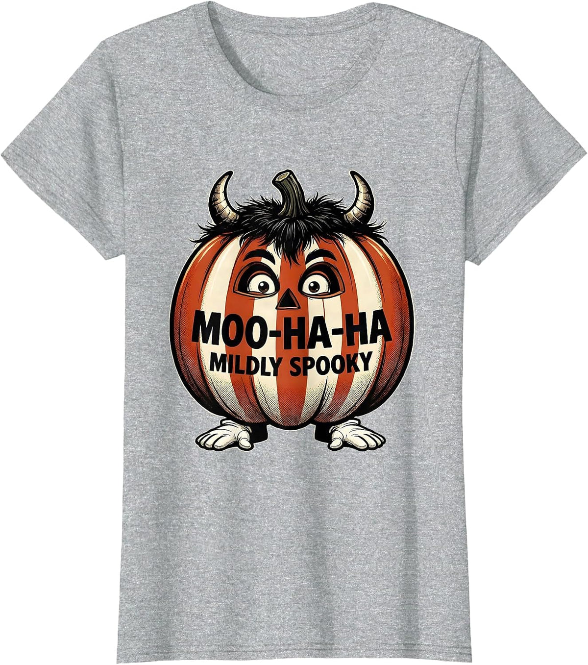 Moo-Ha-Ha, Mildly Spooky Retro Cartoon Highland Cow T-Shirt - Heather Grey