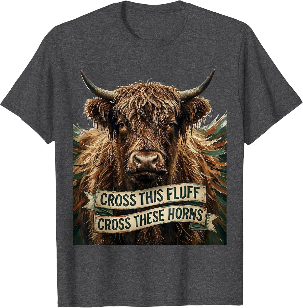 Cross This Fluff Cross These Horns Vintage Highland Cow T-Shirt - Dark Heather Grey