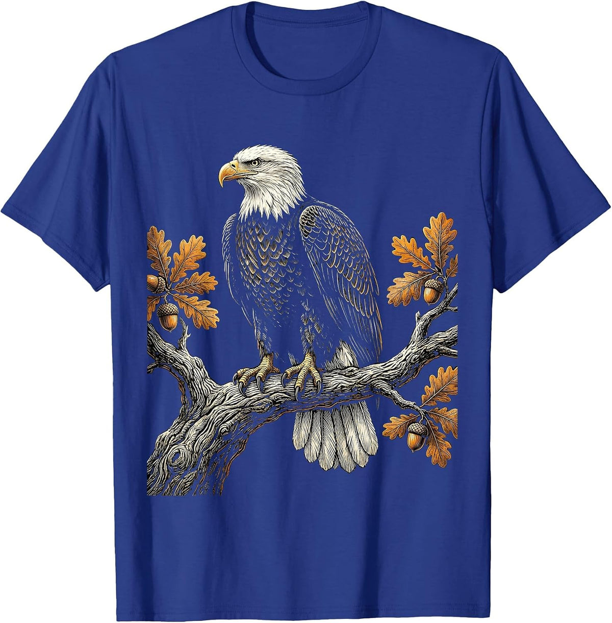 Bald Eagle Perched on Oak Branch Illustration T-Shirt - Royal Blue