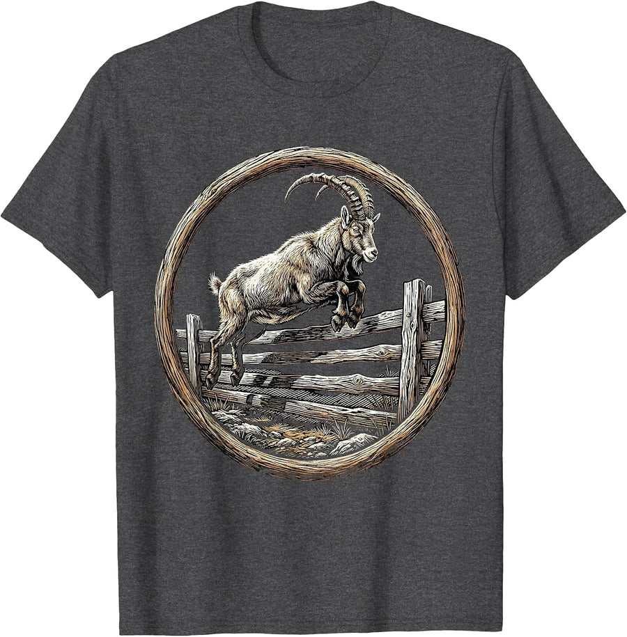 Men's Goat Mid-Leap Over Wooden Fence Illustration T-Shirt - Dark Heather Grey