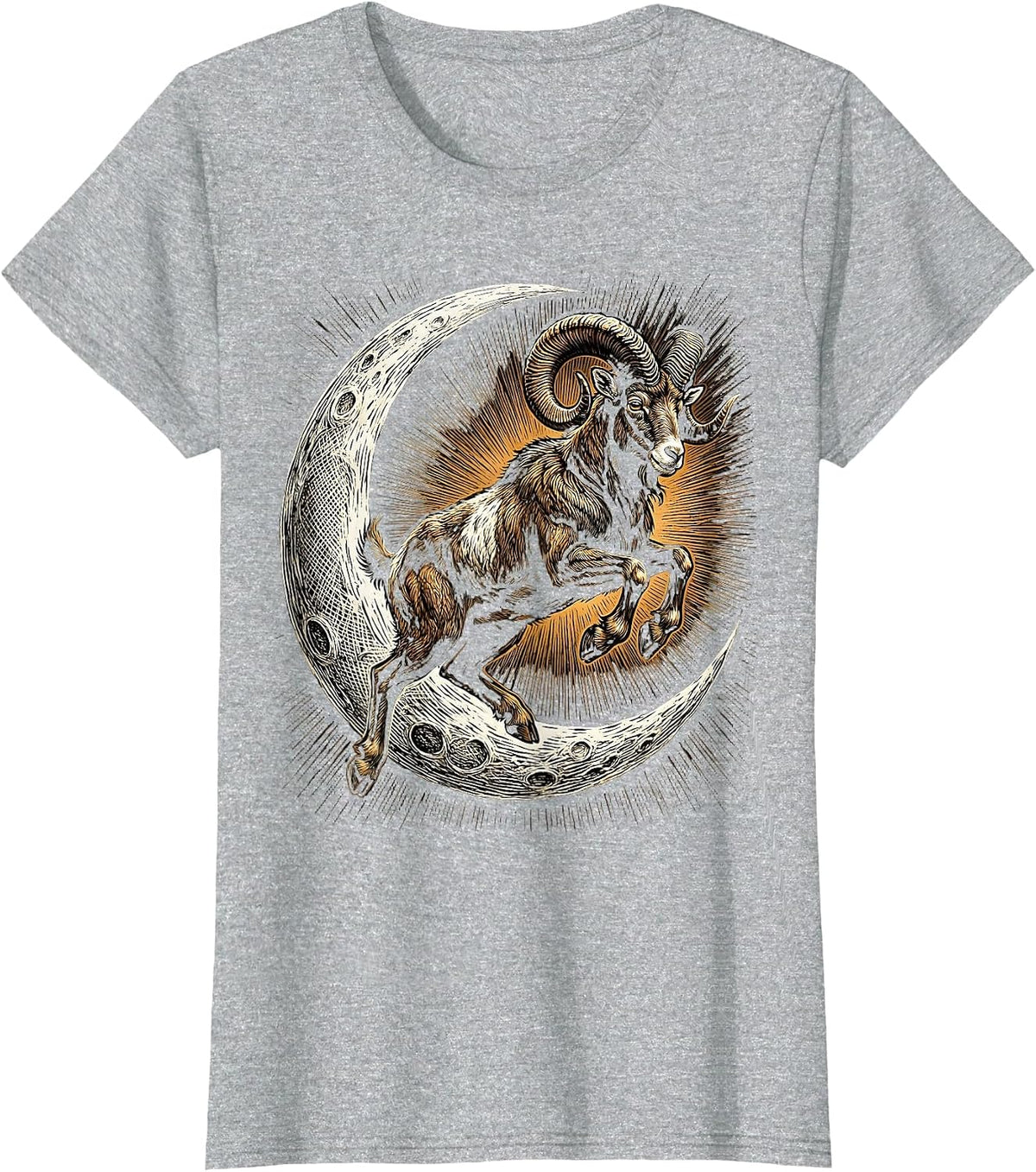 Goat Jumping Over Crescent Moon Illustration T-Shirt - Heather Grey