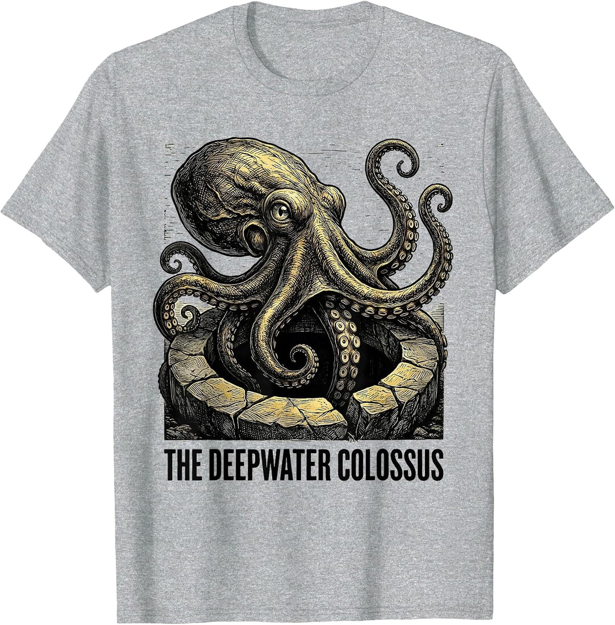 Men's The Deepwater Colossus Woodcut Engraving Octopus Lover T-Shirt - Heather Grey