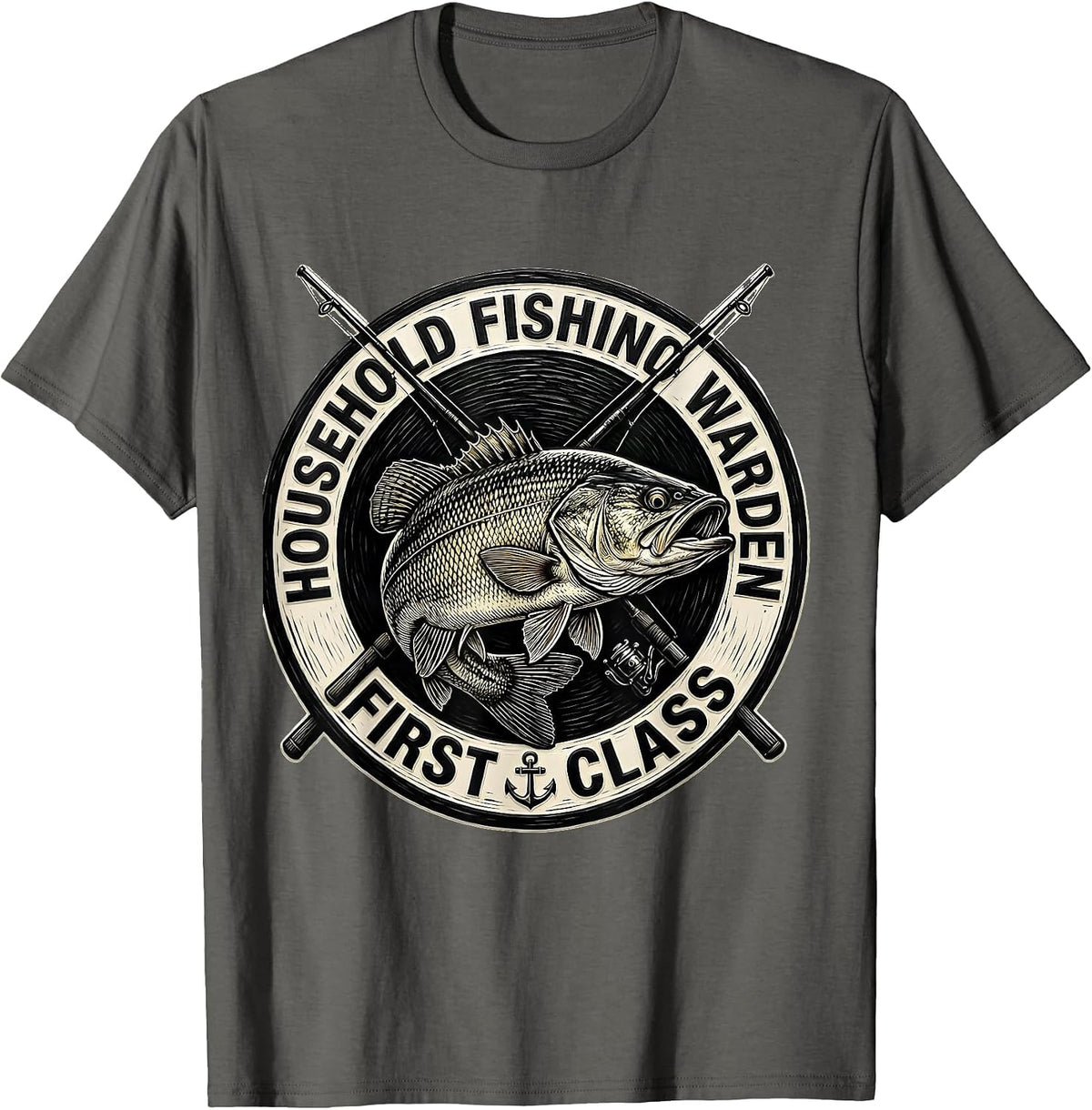 Men's Household Fishing Warden First Class Funny Fishing Humor T-Shirt - Asphalt Grey