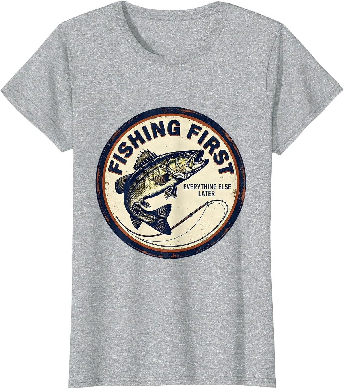 Fishing First, Everything Else Later Vintage Funny Fishing T-Shirt - Heather Grey