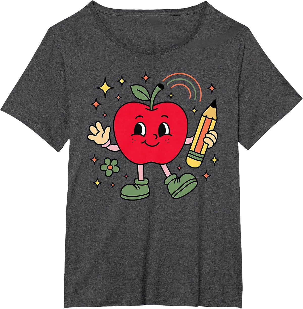 Retro School Apple with Face and Teacher’s Pencil T-Shirt - Dark Heather Grey