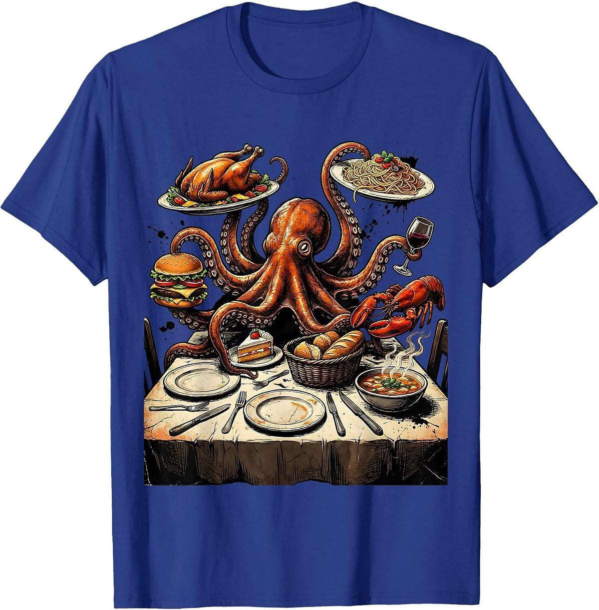Octopus Stealing Food at Restaurant Table T-Shirt - Royal Blue